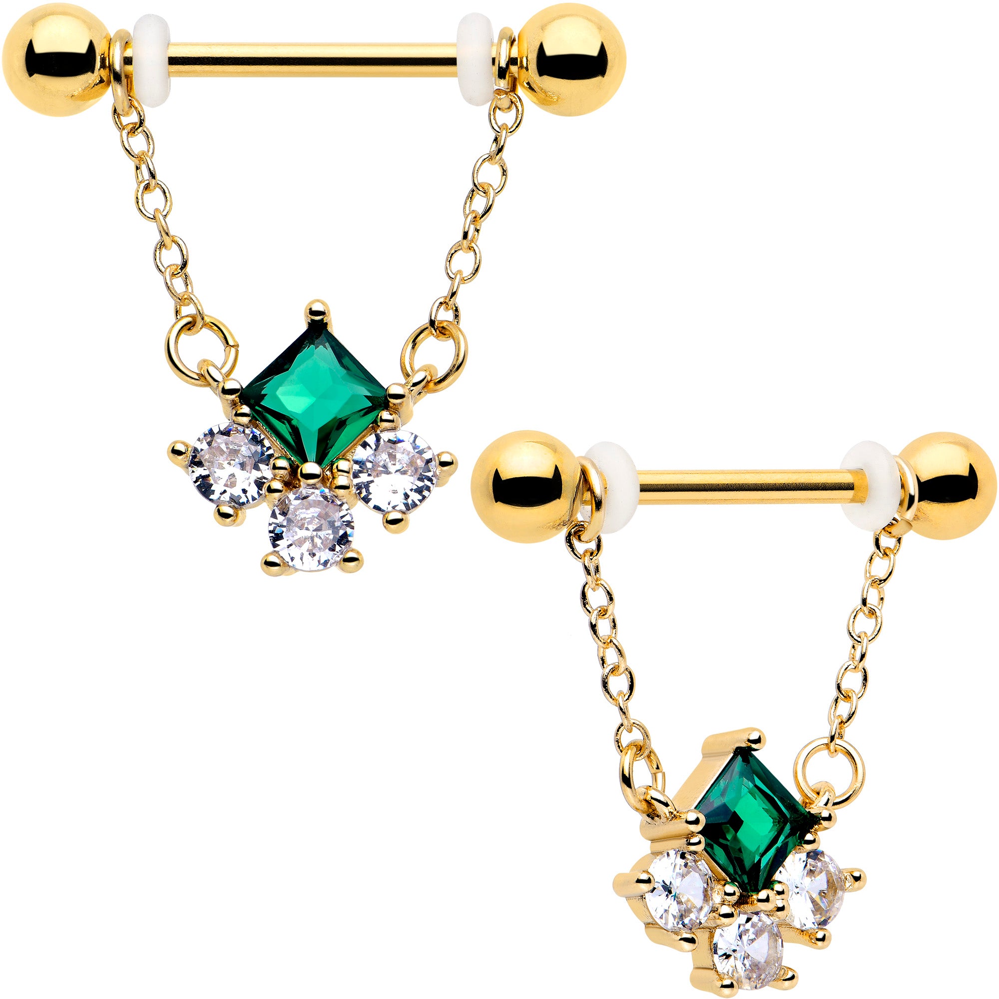 14 Gauge Green CZ Gem Rhombus Riot Dangle Nipple Ring Set