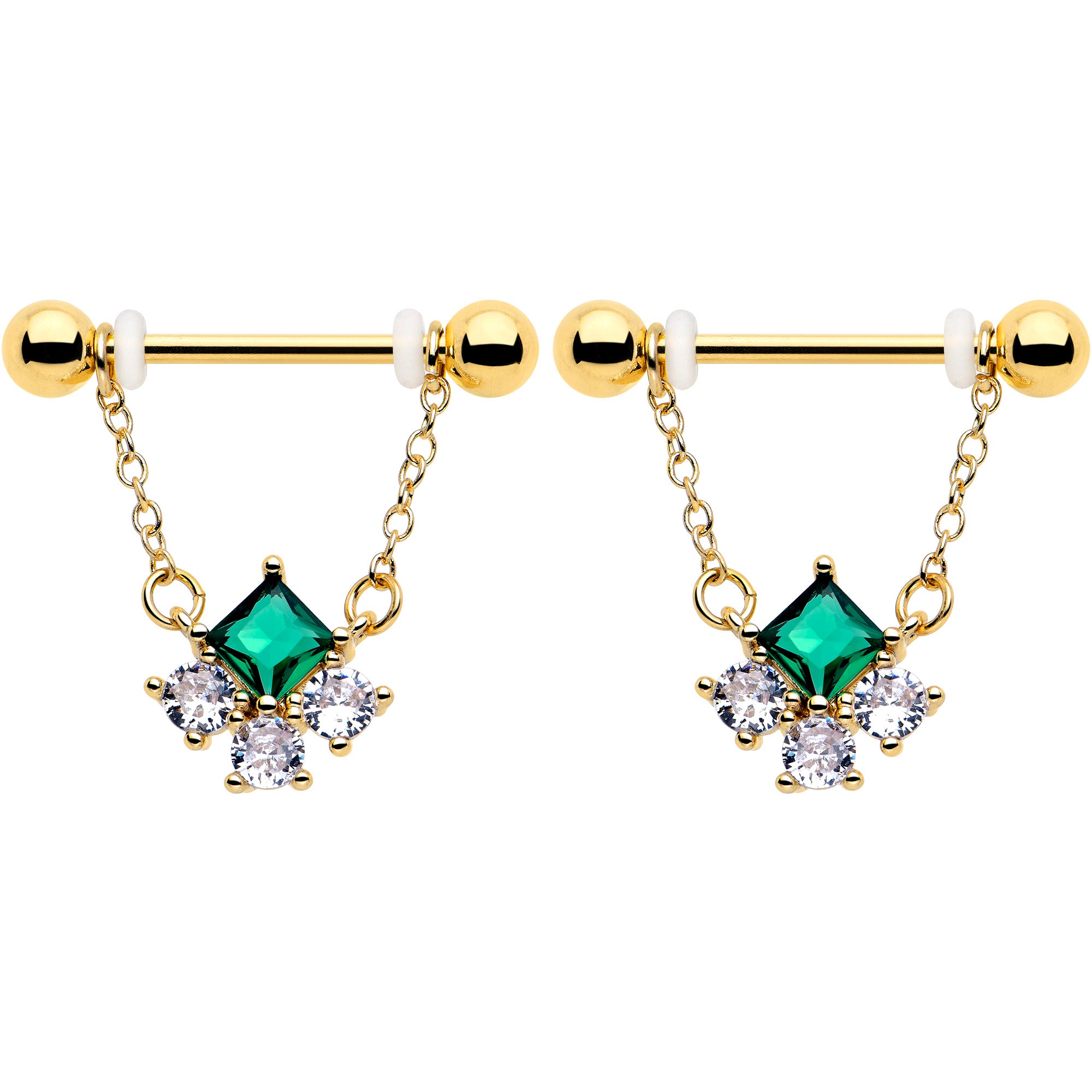 9/16 Green CZ Gem Gold Tone Nipple Rings Rhombus Riot Design