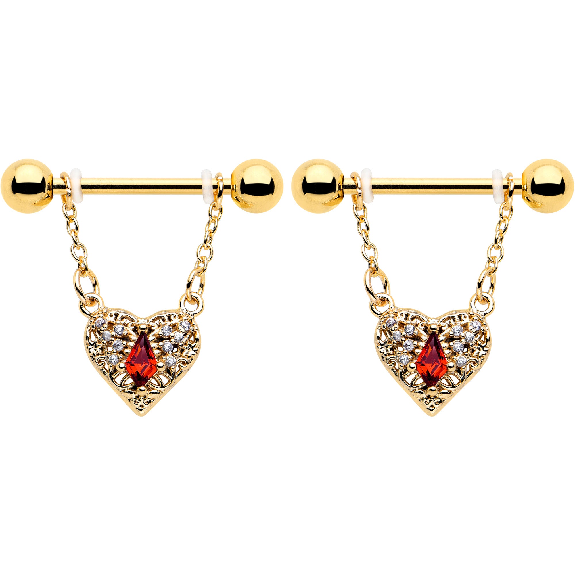14 Gauge Gold Tone Heart Queen Dangle Nipple Ring Set with Red CZ