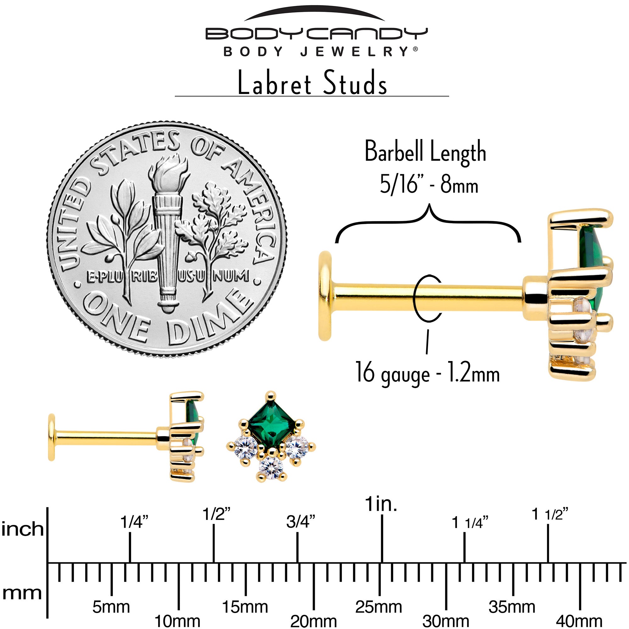 Gold Tone Rhombus Riot Flatback 16 Gauge Green CZ Stud