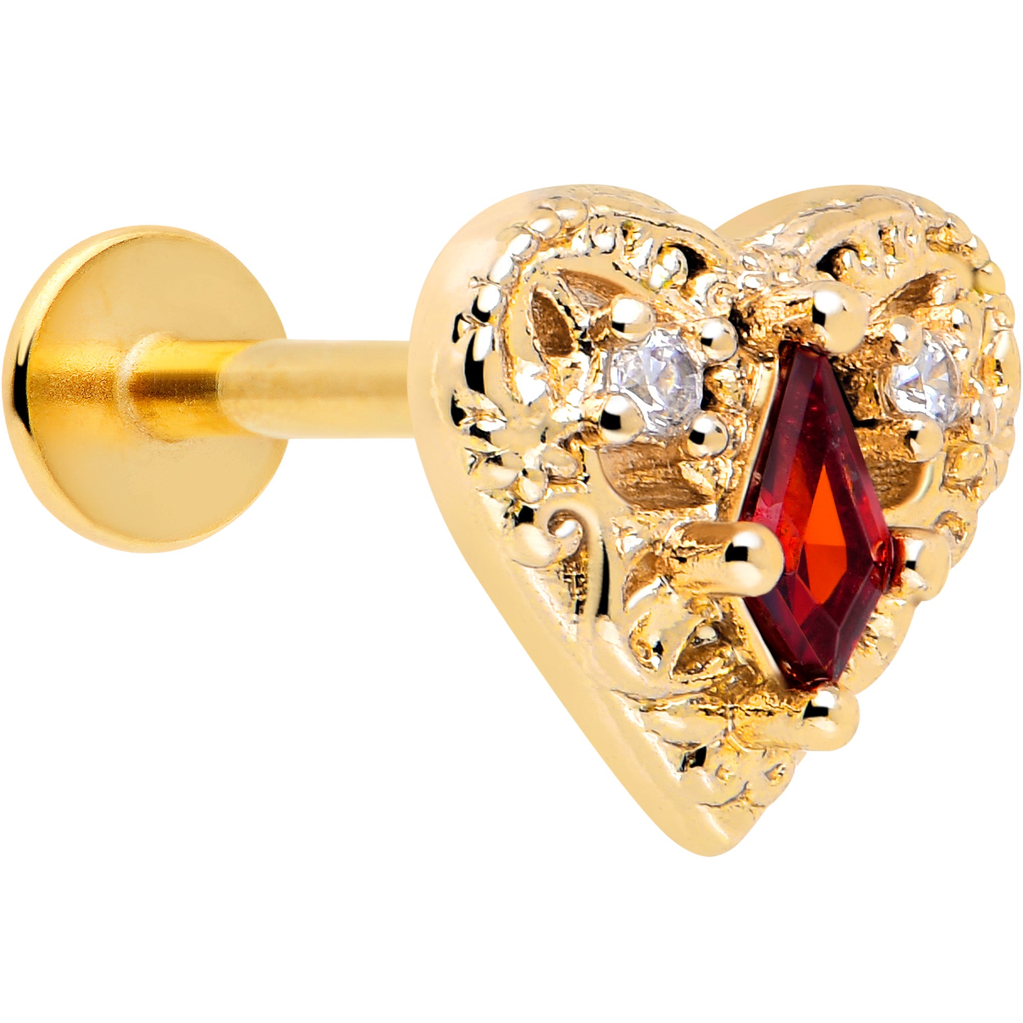 16 Gauge Red CZ Gem Gold Tone Heart Queen Flatback Stud