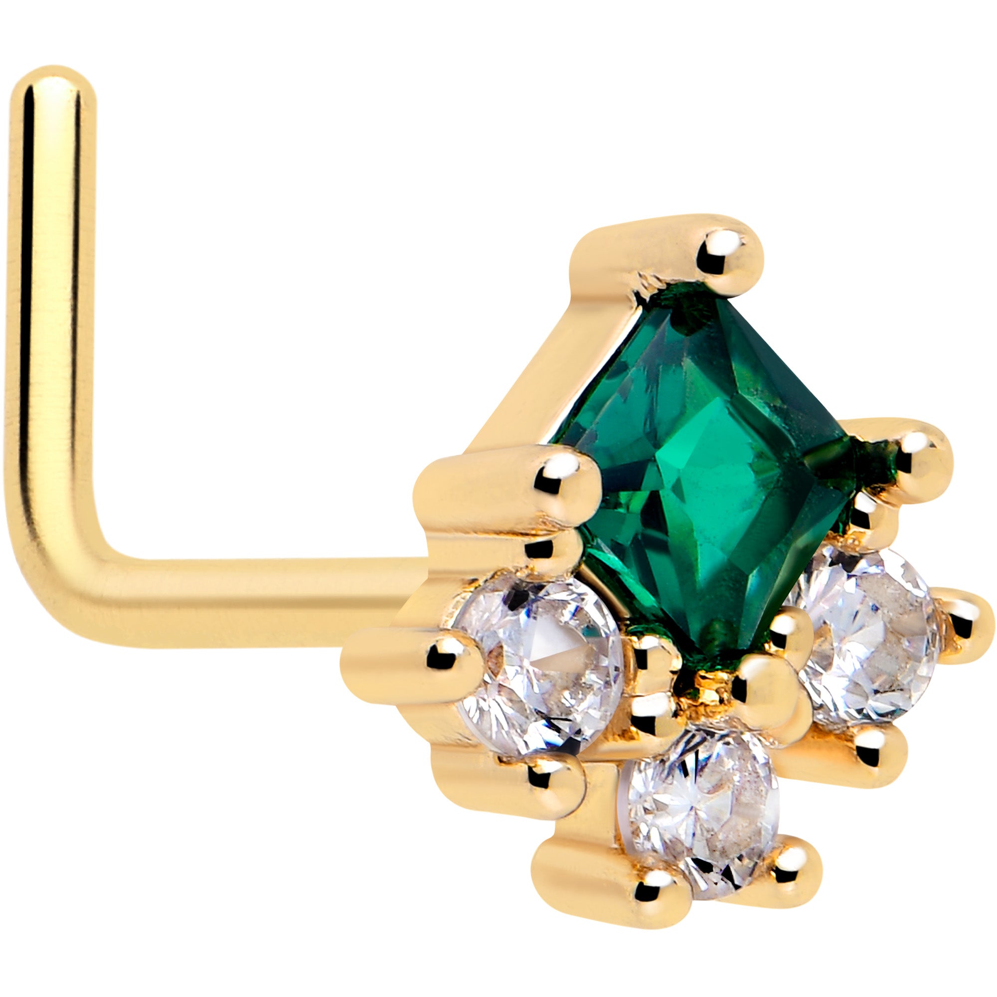 20 Gauge Green CZ Gem L Shape Nose Ring