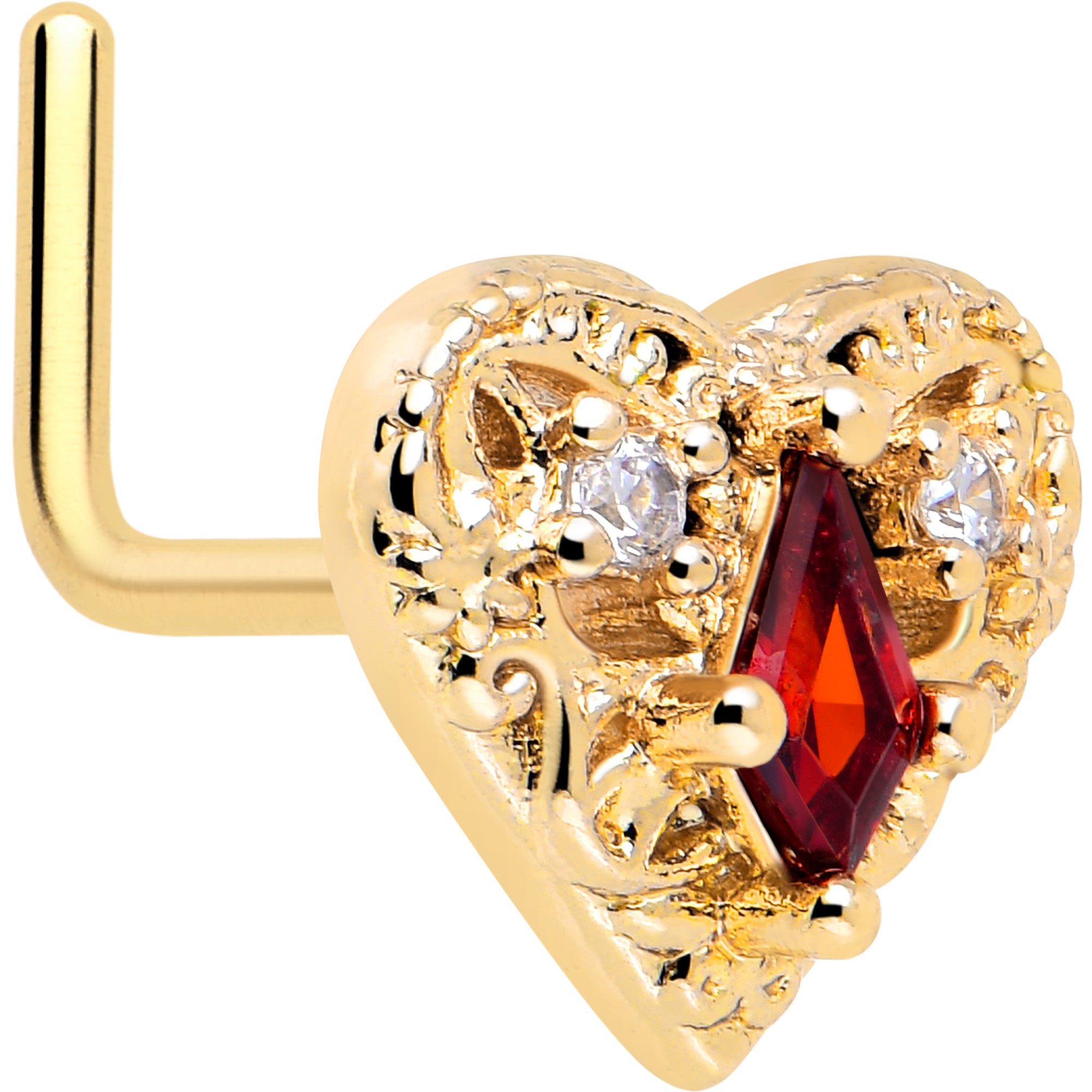 20 Gauge Red CZ Gem Gold Tone Heart Queen L Shape Nose Ring