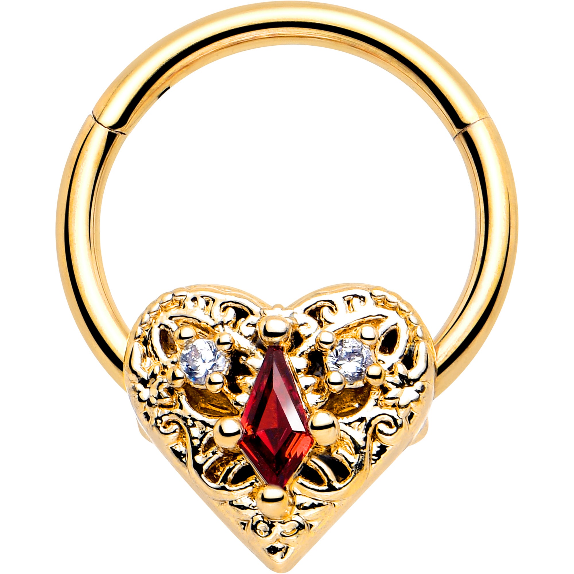 16 Gauge Red CZ Gem Gold Tone Heart Hinged Segment Ring