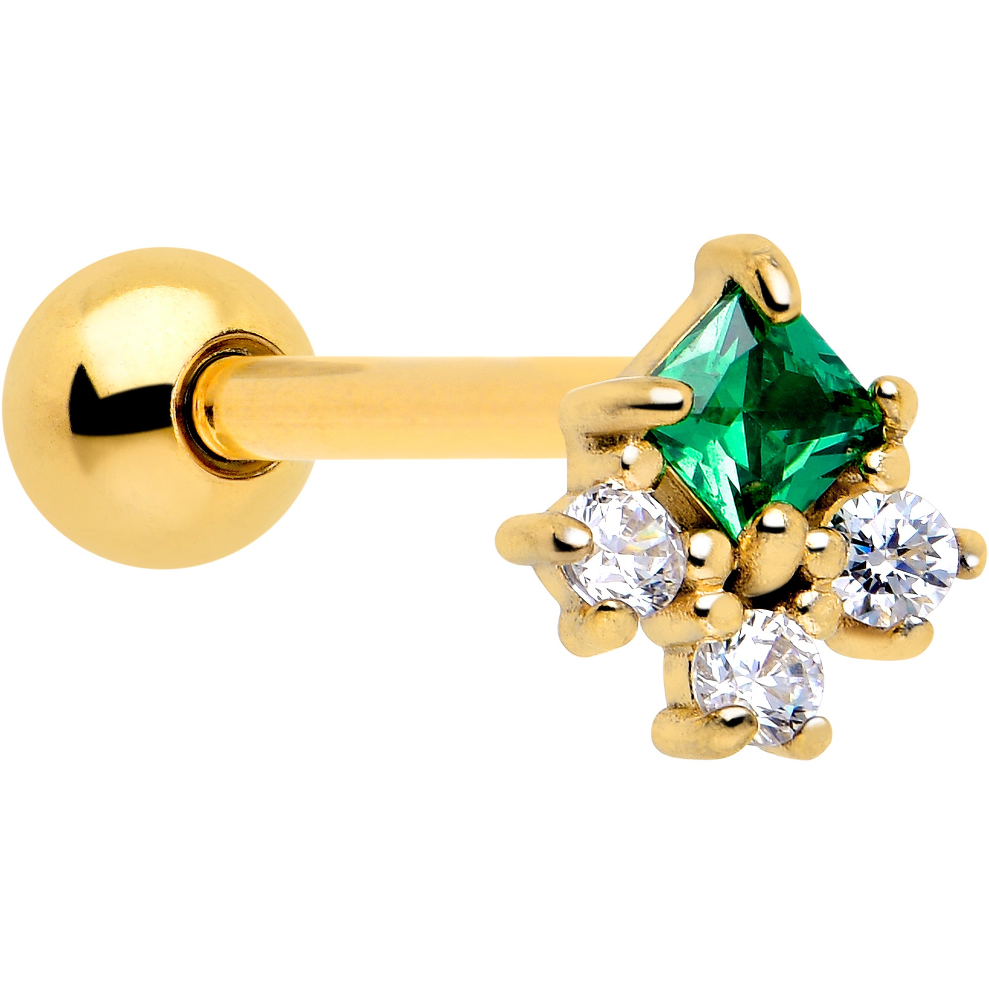 Green CZ Gem Gold Tone Rhombus Riot Barbell Tongue Ring