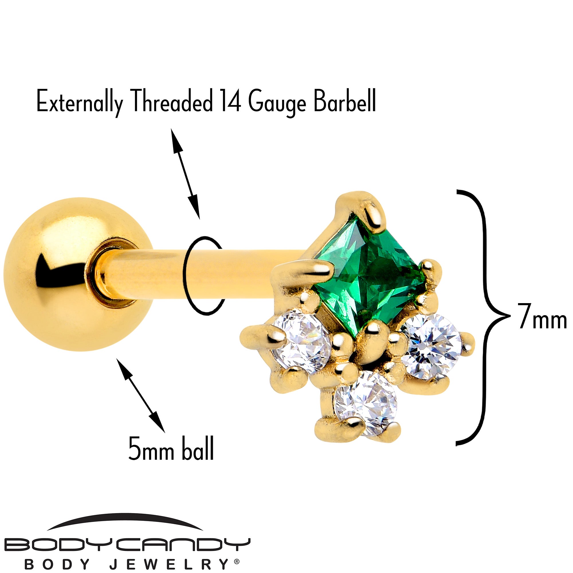 Gold Tone Rhombus Riot Barbell with Green CZ Gem