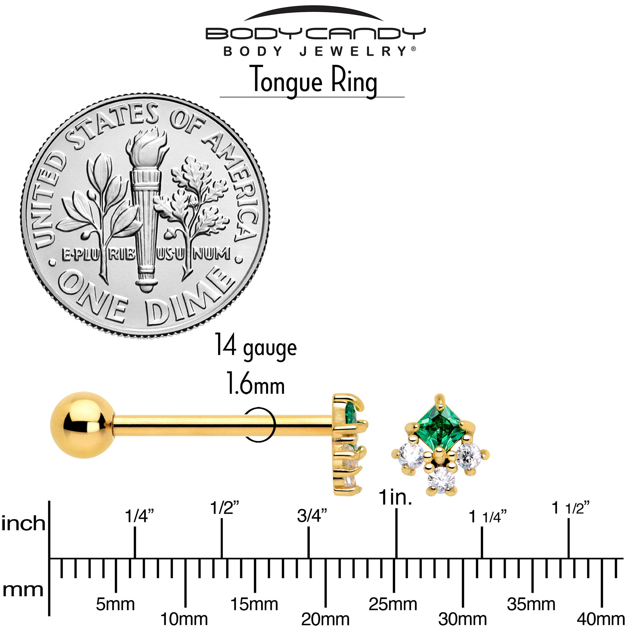 Gold Rhombus Riot Barbell Tongue Ring Green CZ Gem
