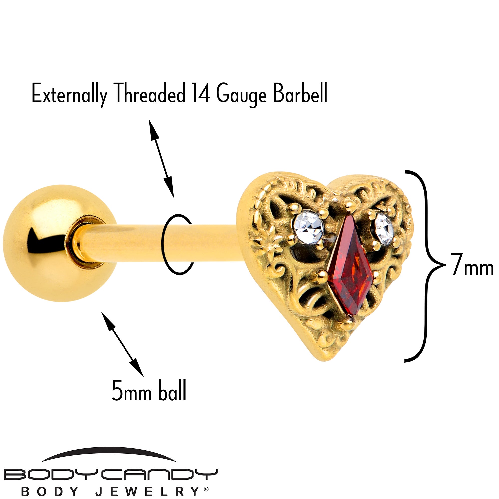 Gold Tone Heart Queen Barbell with Red CZ Gem