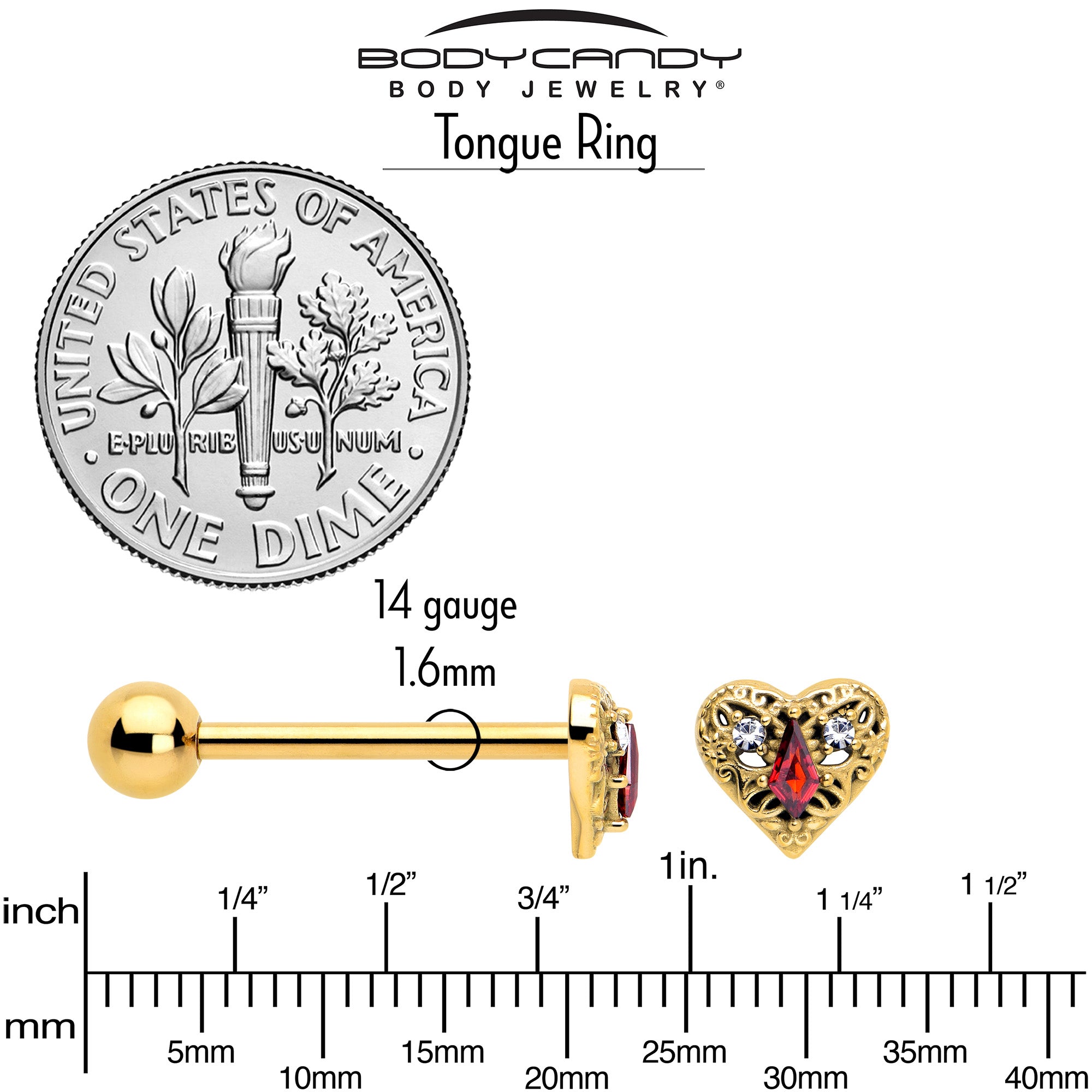 Gold Tone Heart Queen Tongue Ring with Red CZ Gem