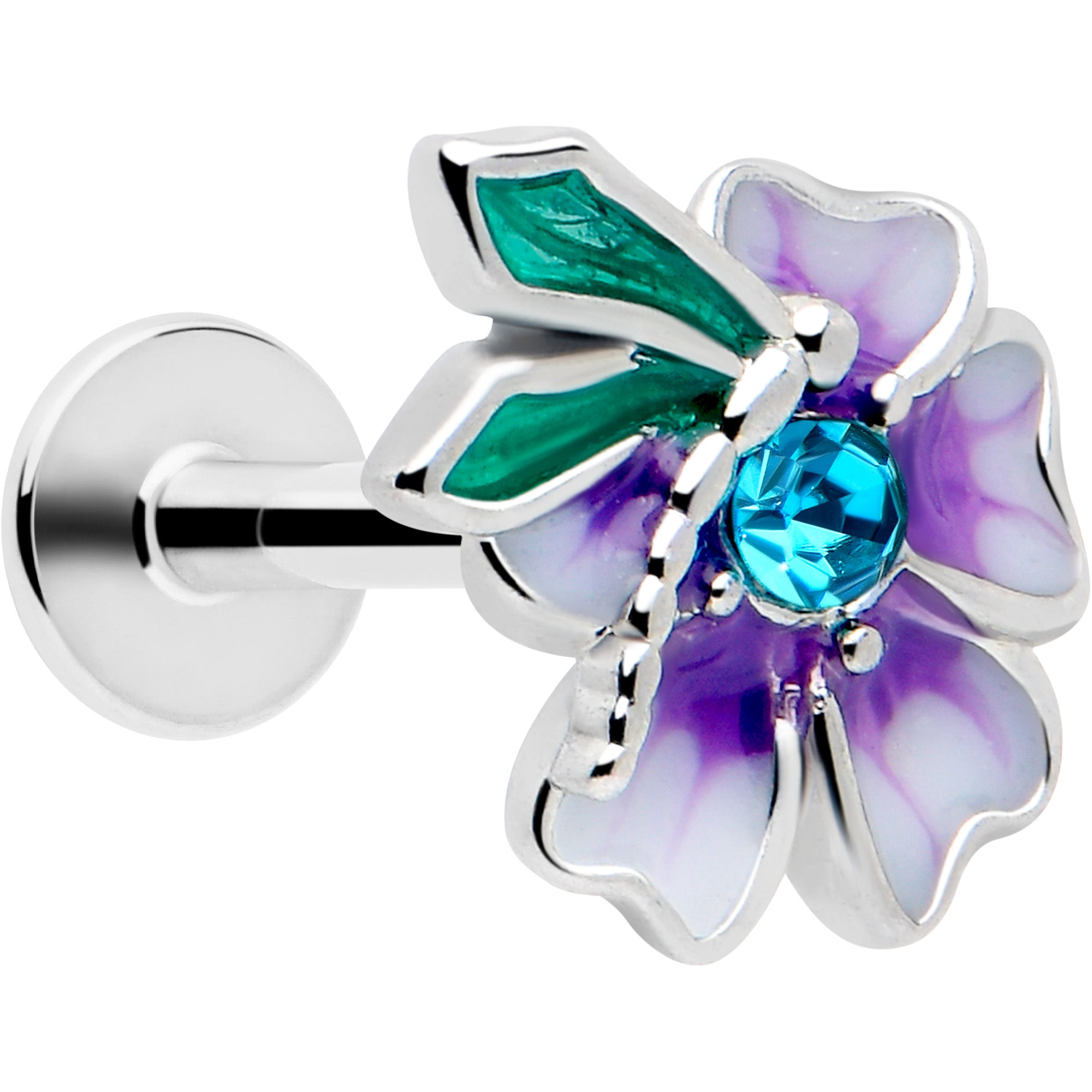 16 gauge blue gem faerie flower labret
