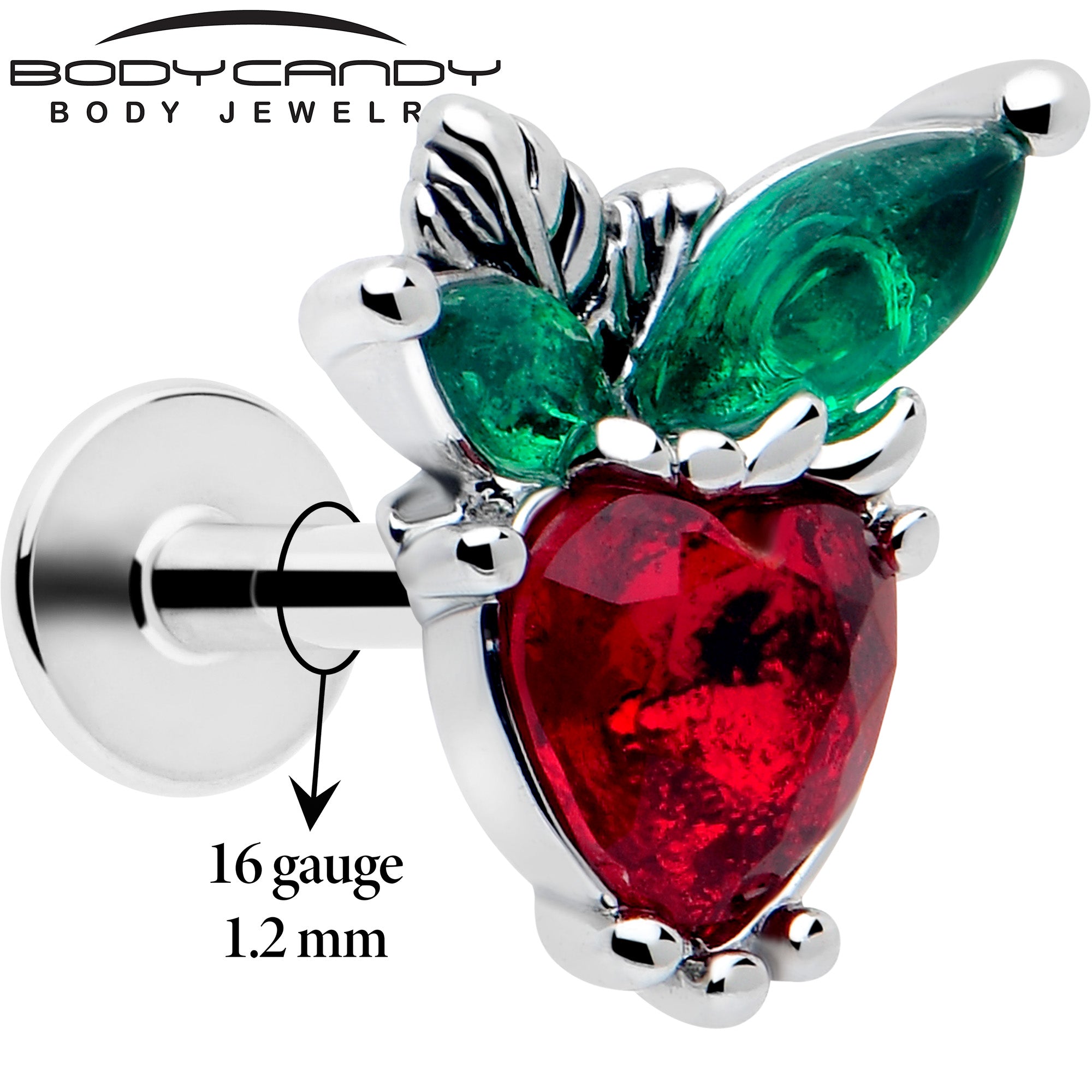 Red and green gem strawberry heart labret 16 gauge
