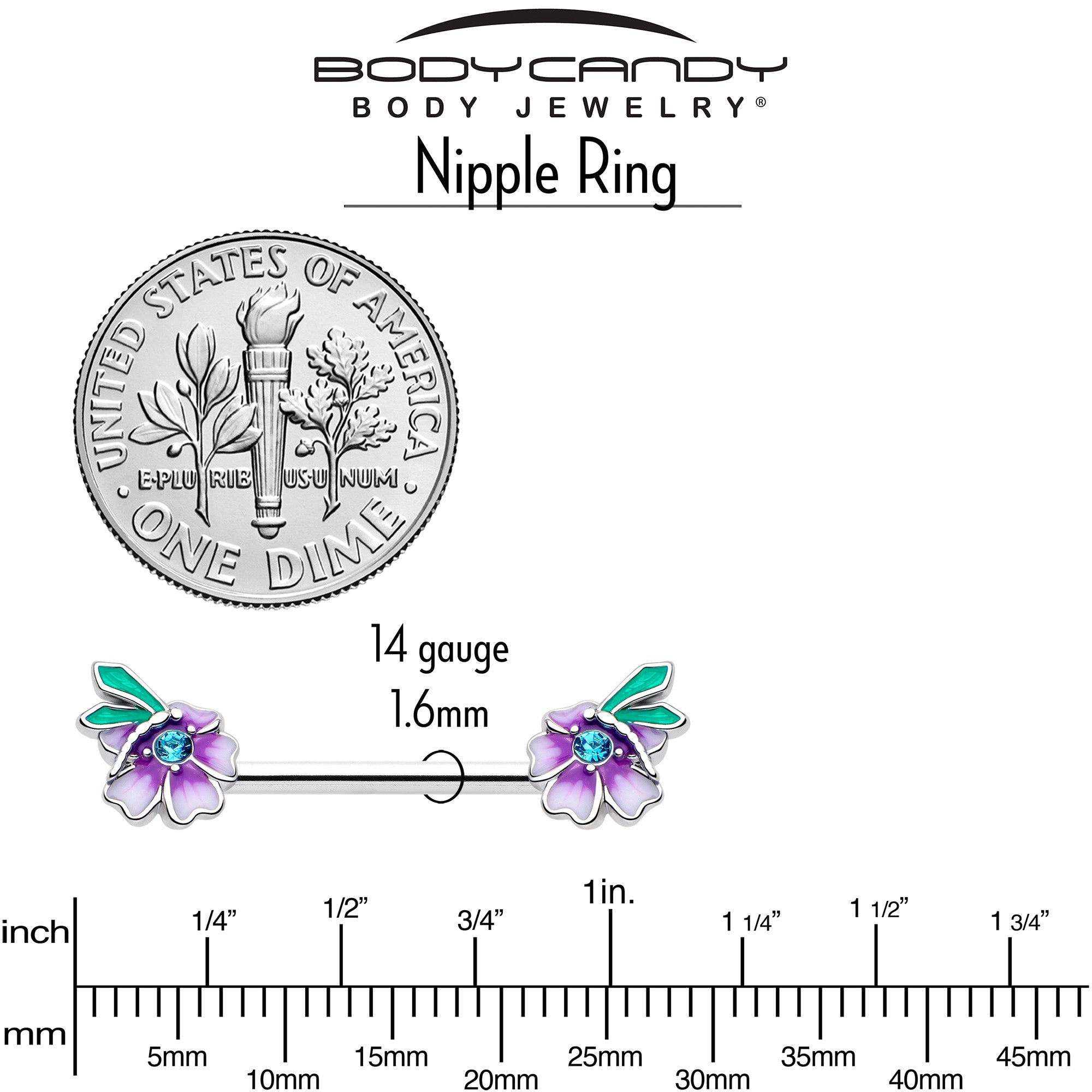 faerie flower design 14 gauge nipple ring set