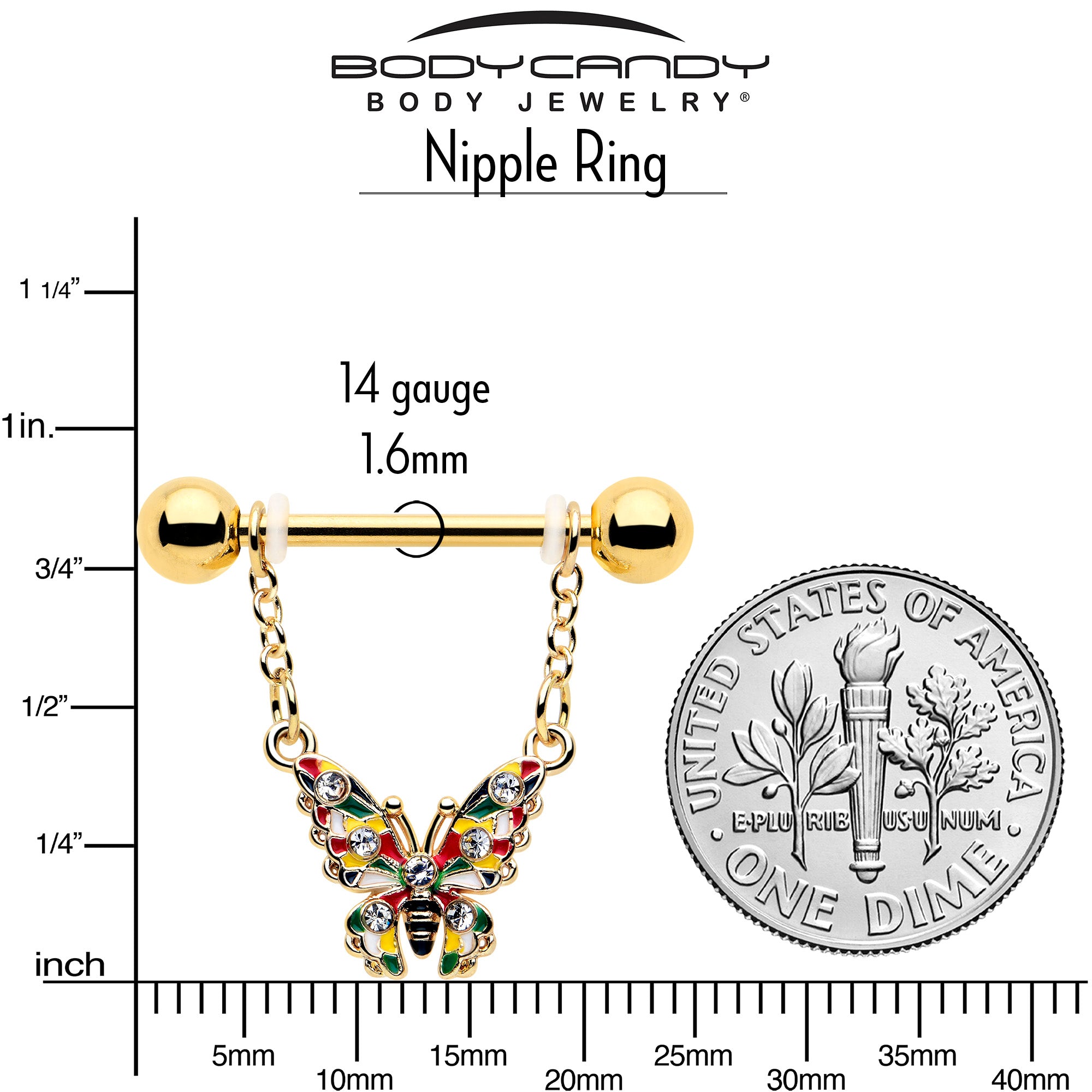 Color block butterfly nipple ring set with clear gem