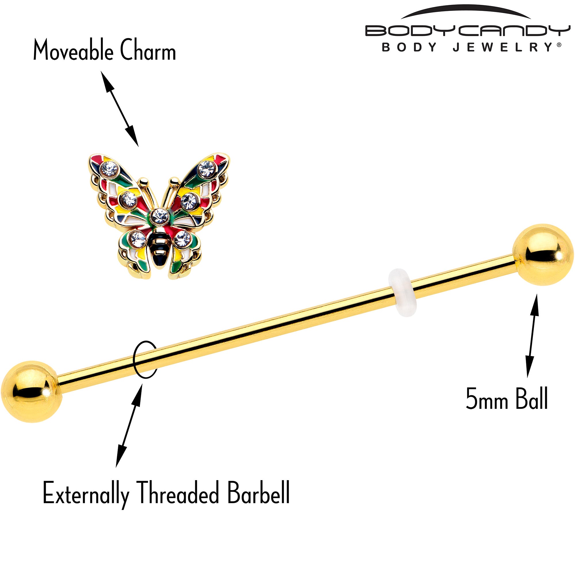 Butterfly industrial barbell gold tone 38mm