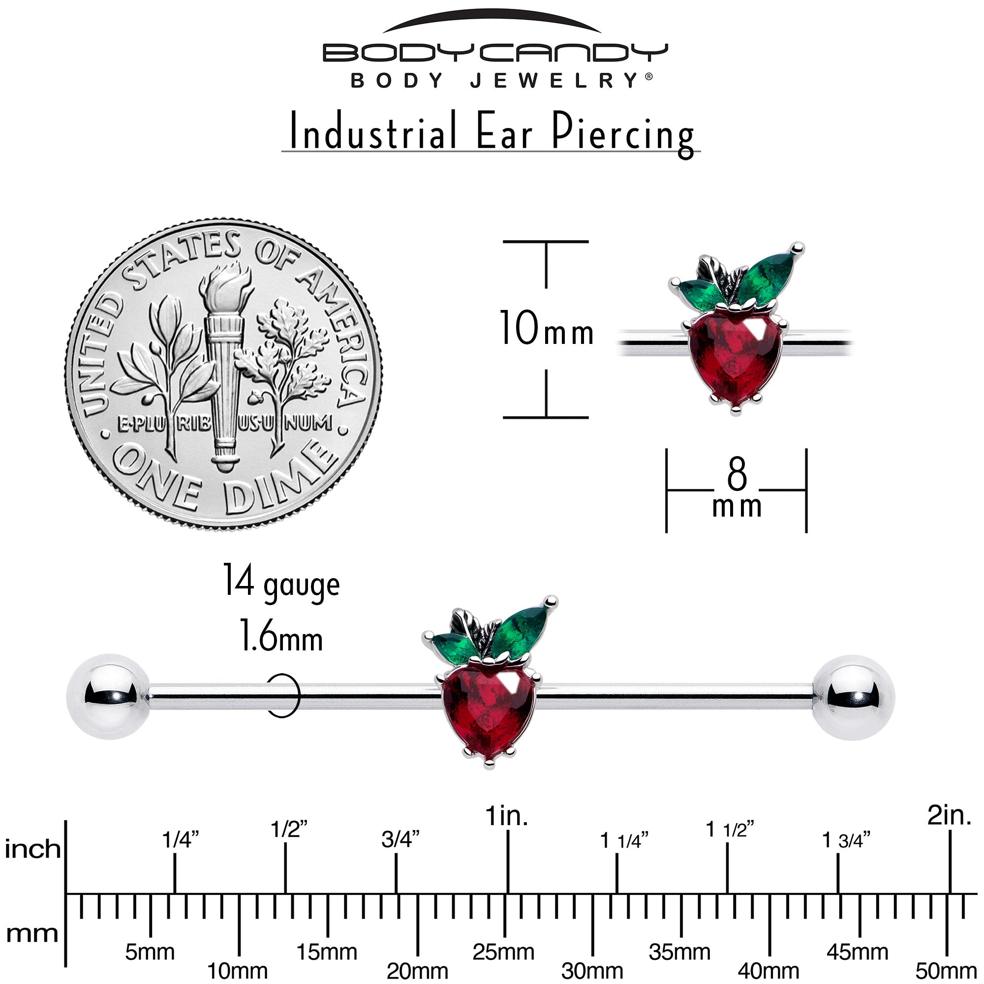 Heart shaped red green gem industrial barbell 38mm