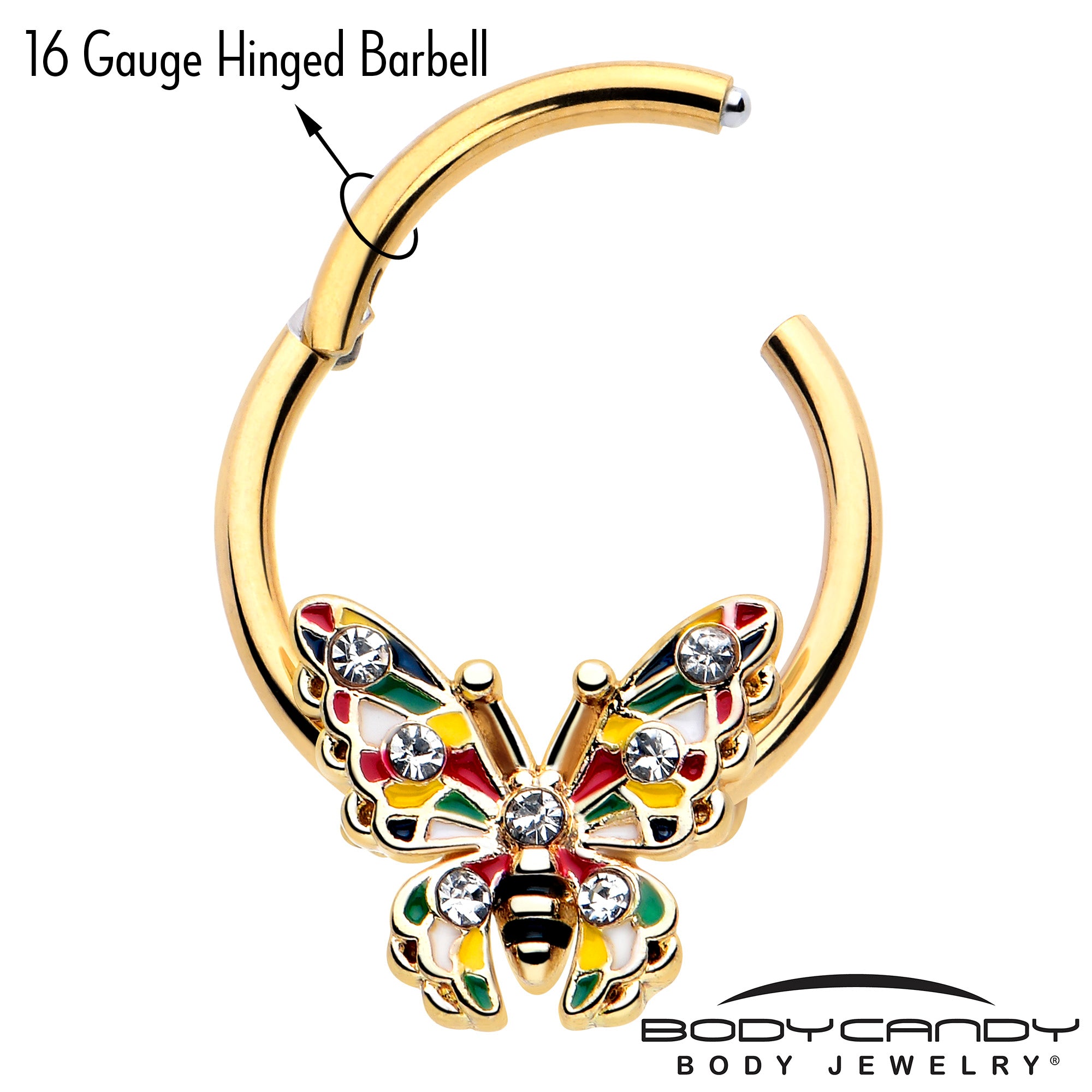 Clear gem butterfly body jewelry 16 gauge hinged ring