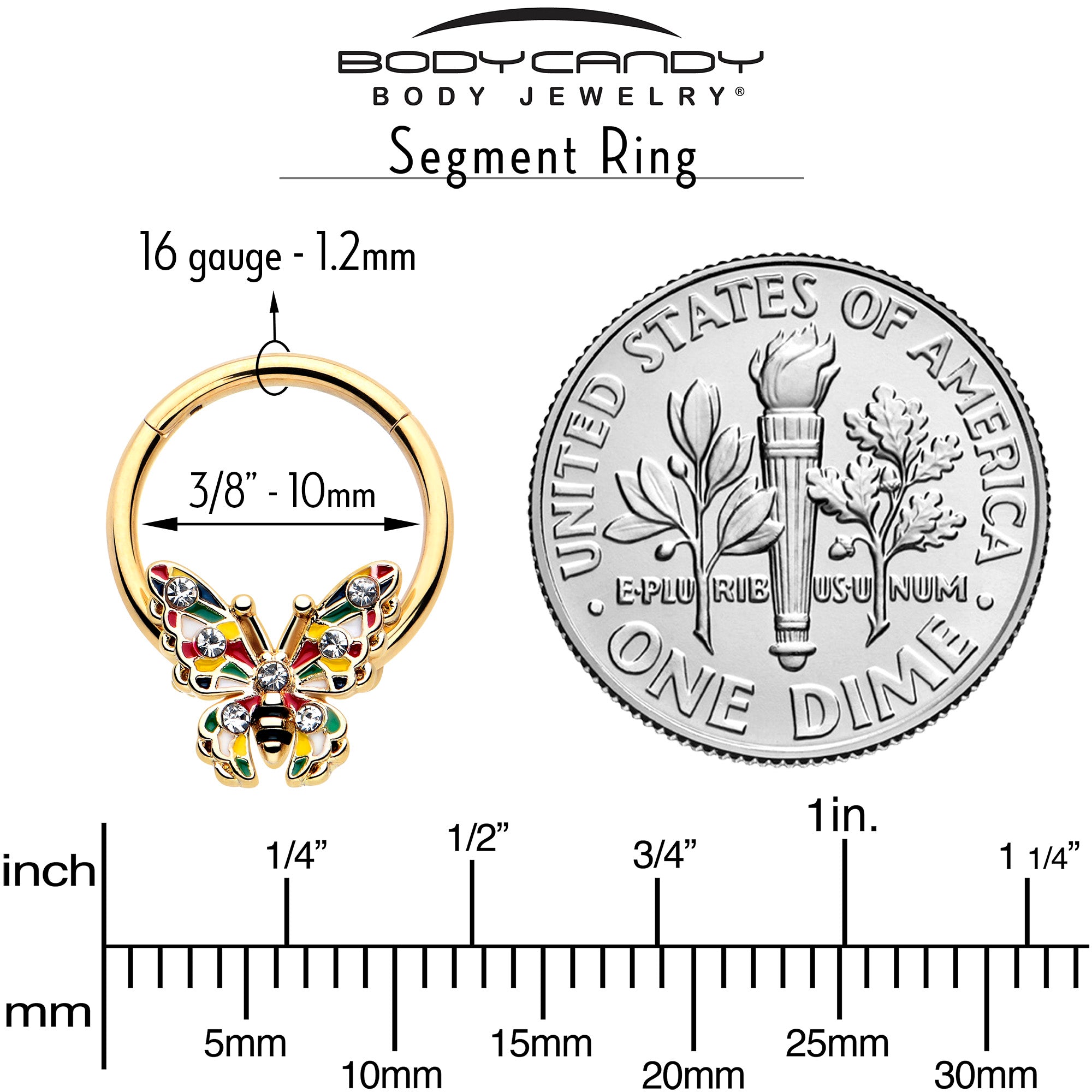 3/8 gold tone butterfly segment ring clear gem piercing