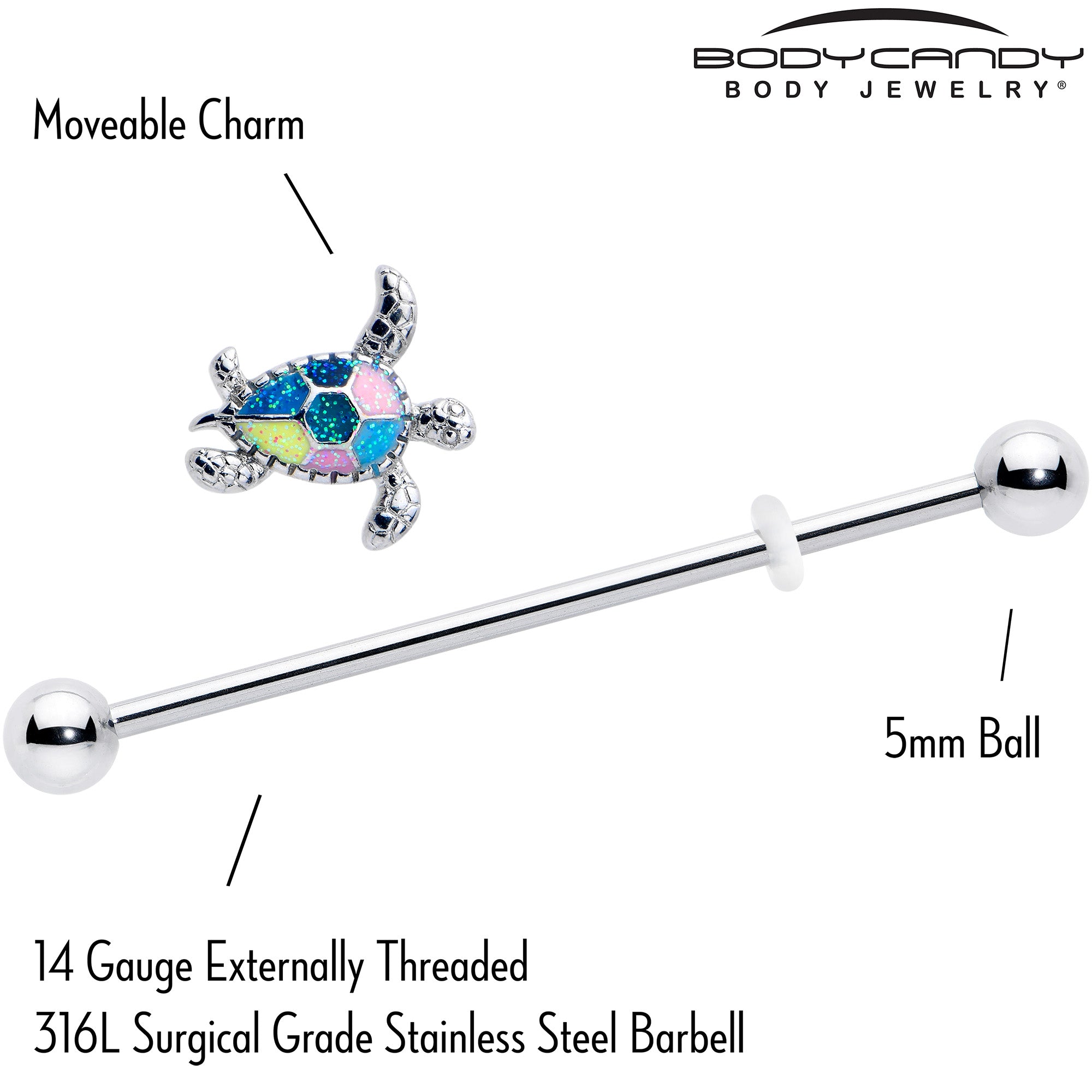 Unique 14 gauge industrial barbell featuring glittery turtle