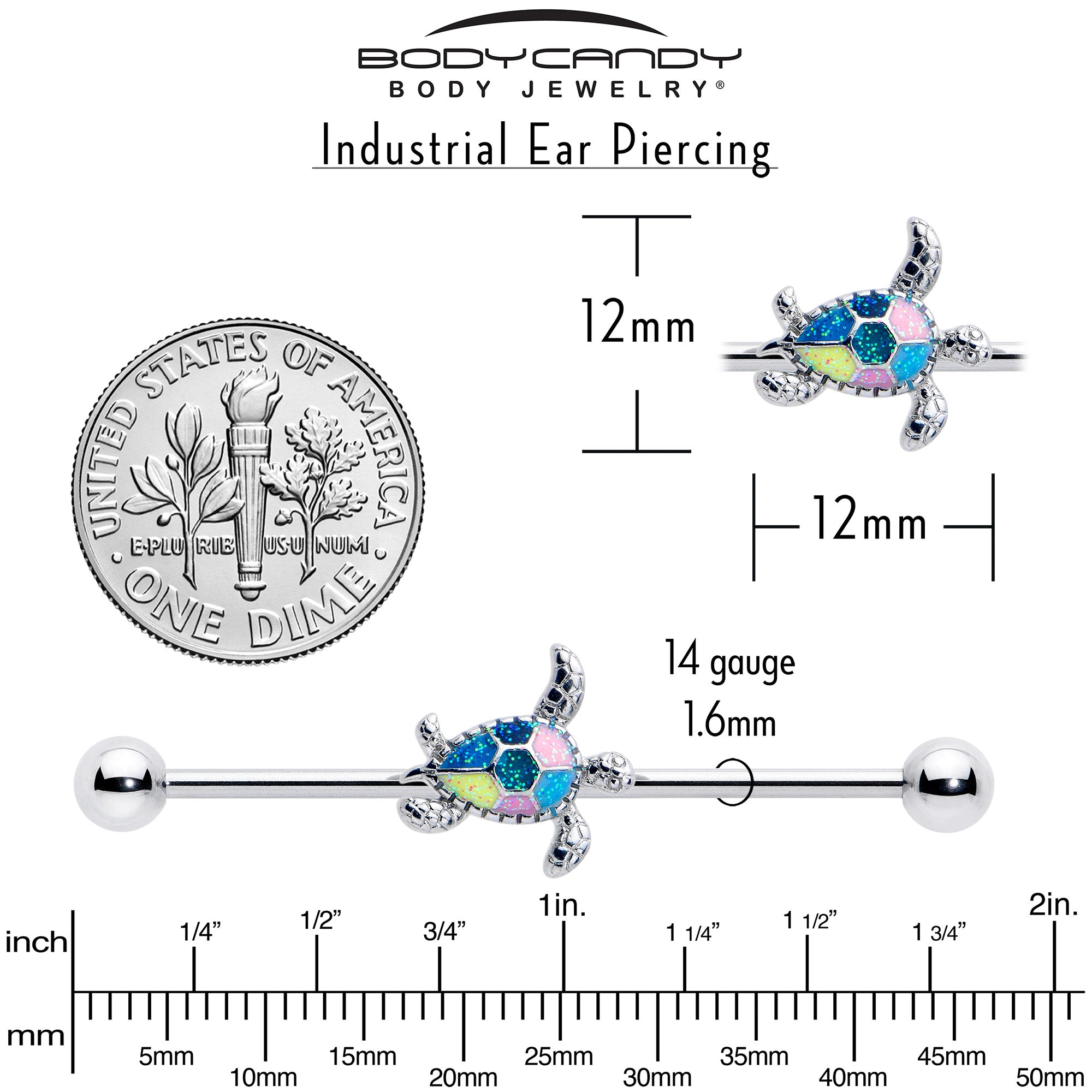 Glitter turtle industrial piercing barbell, 38mm length