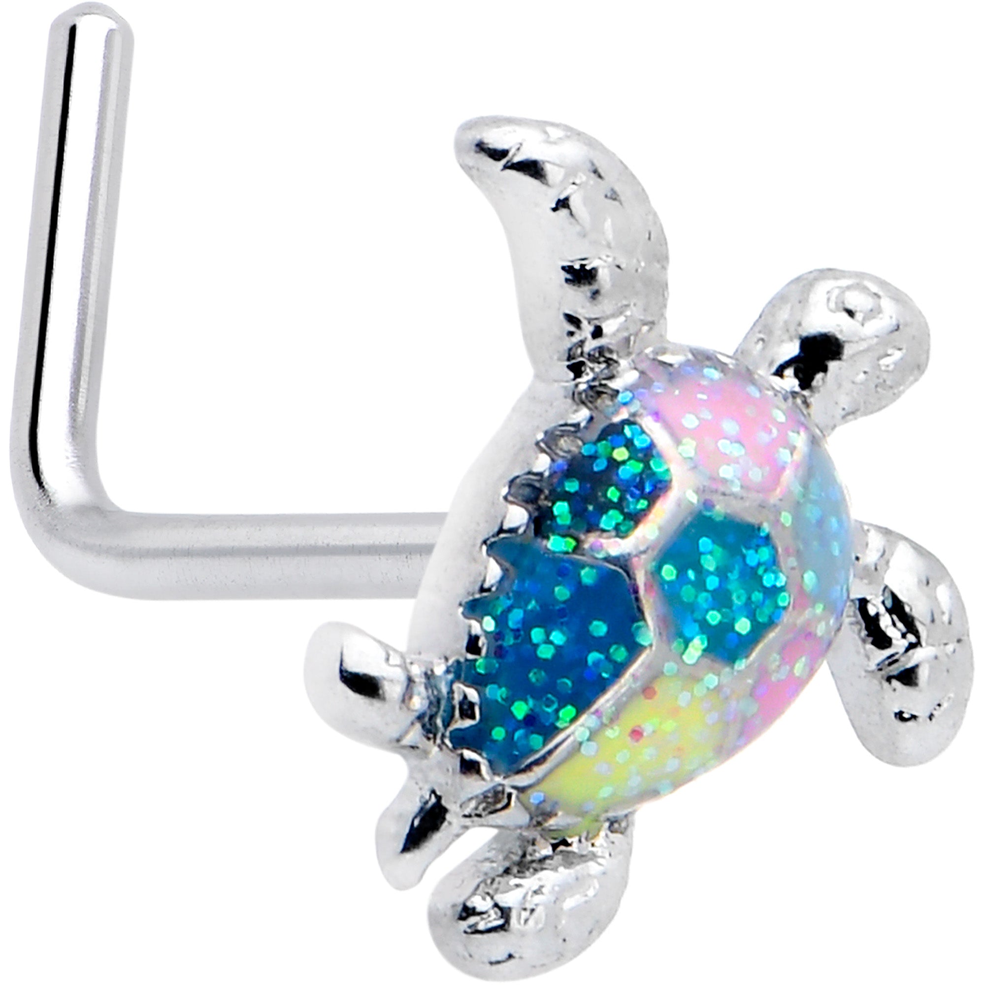 20 gauge L shape nose ring featuring a 7mm glitter turtle design