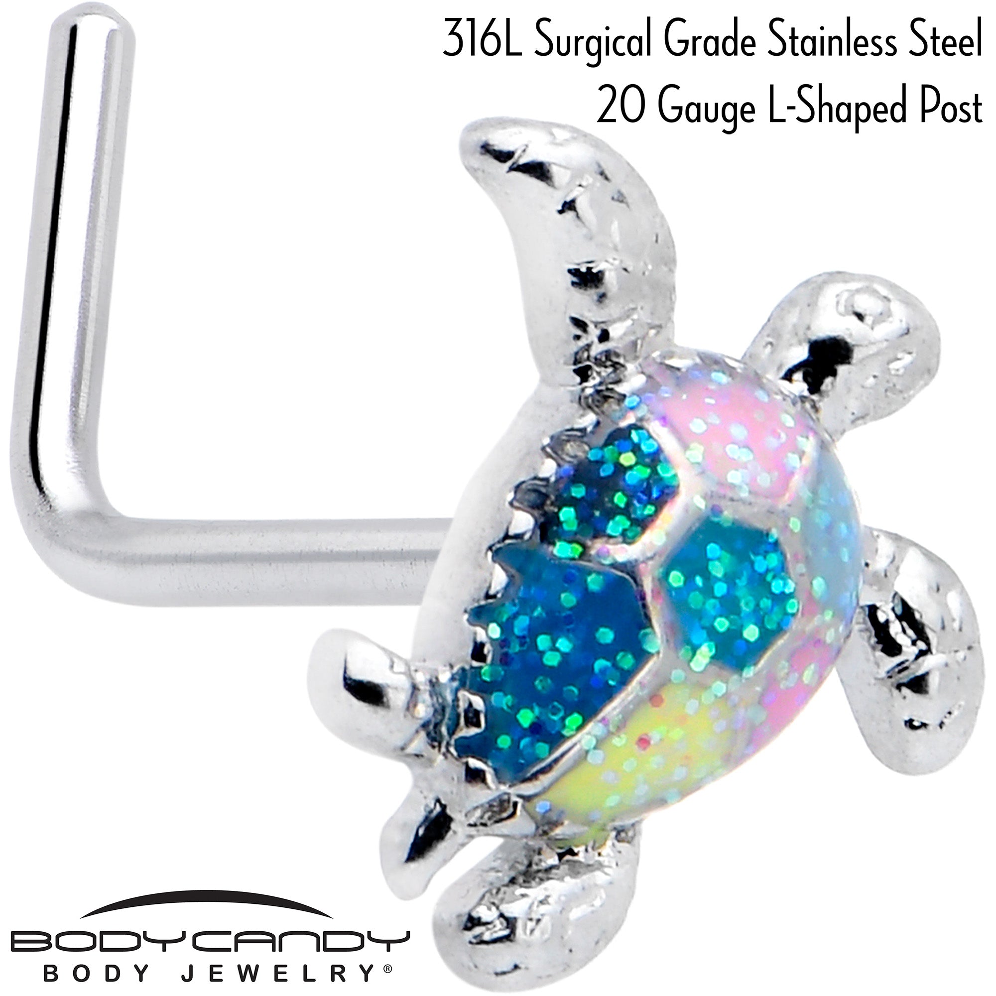 Glitter turtle nose ring in 20 gauge with L shape for nostril piercing