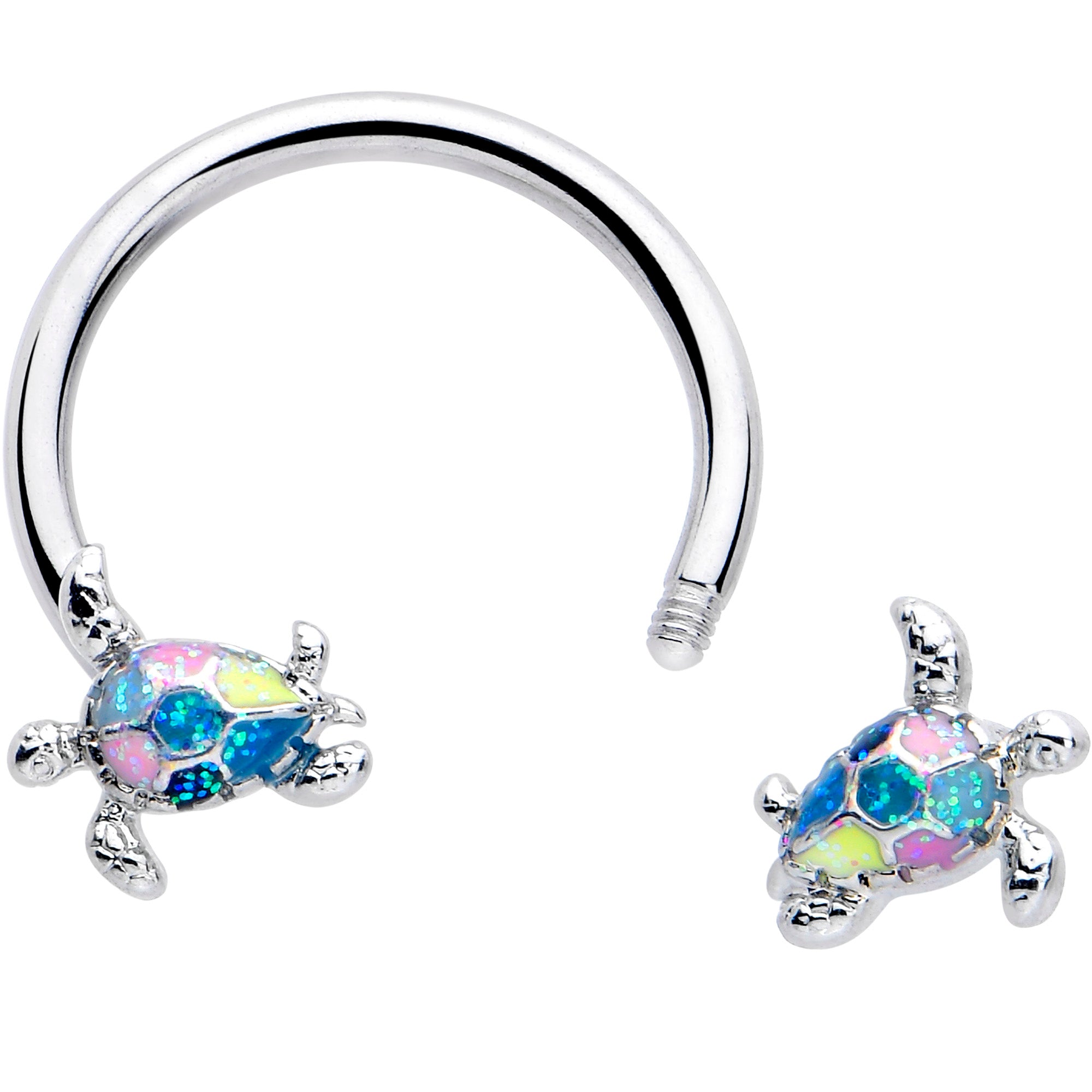 3/8 inch horseshoe circular barbell featuring turtle glitter