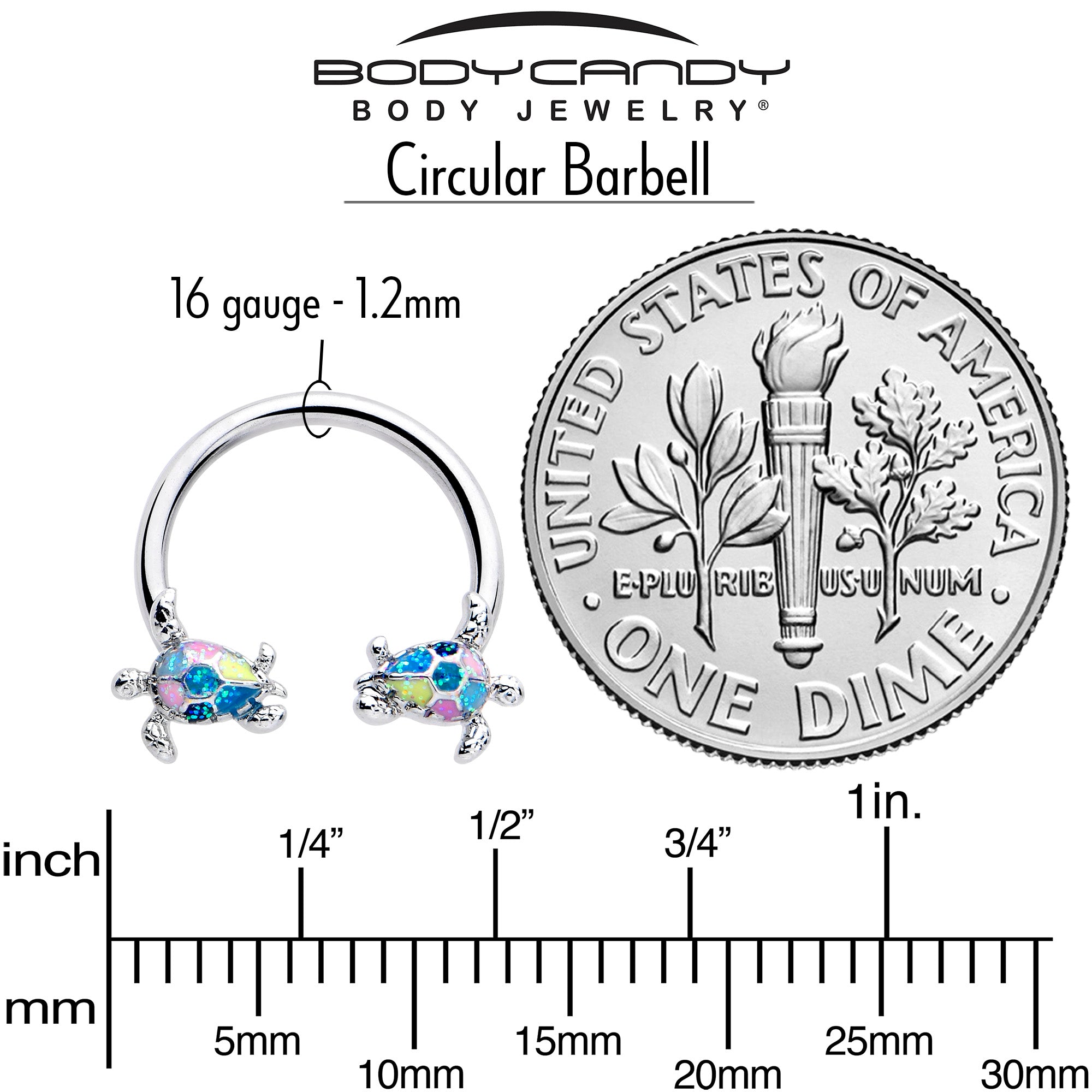 16G 3/8 horseshoe barbell with turtle glitter embellishment