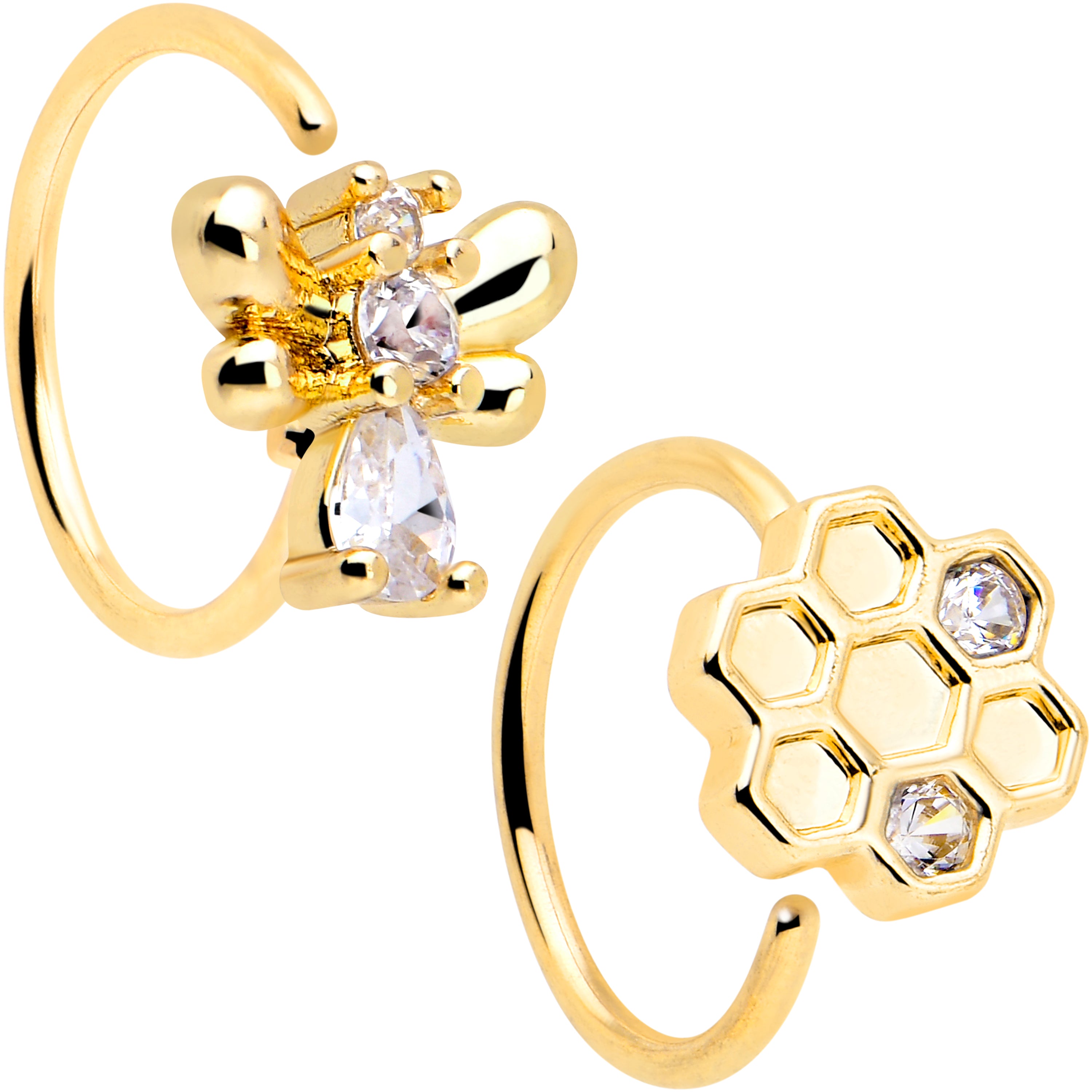 20 gauge clear CZ gem gold tone bee hive nose hoop
