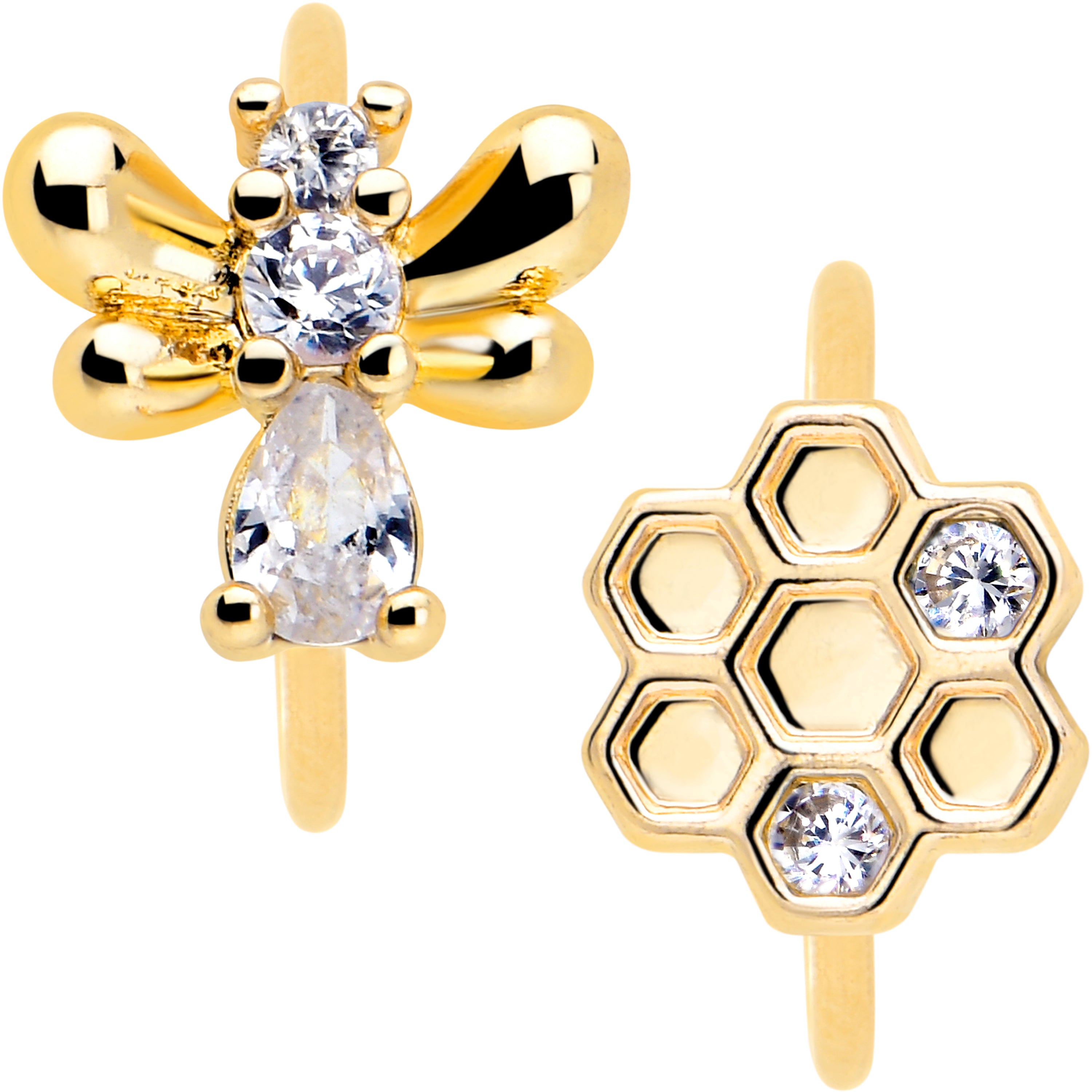 Gold tone bee hive nose hoop with clear CZ gem