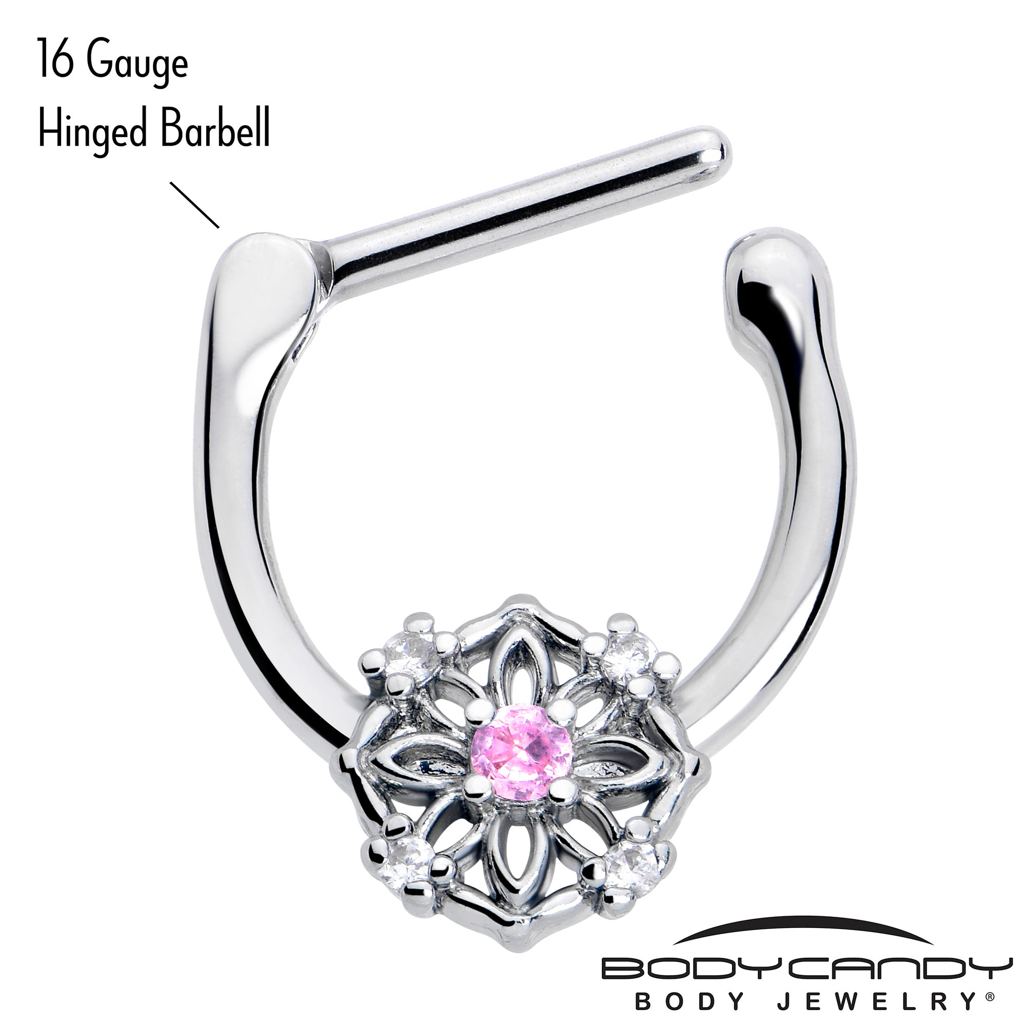 Pink Clear CZ Gem Flower Circle Cartilage Clicker 16 Gauge
