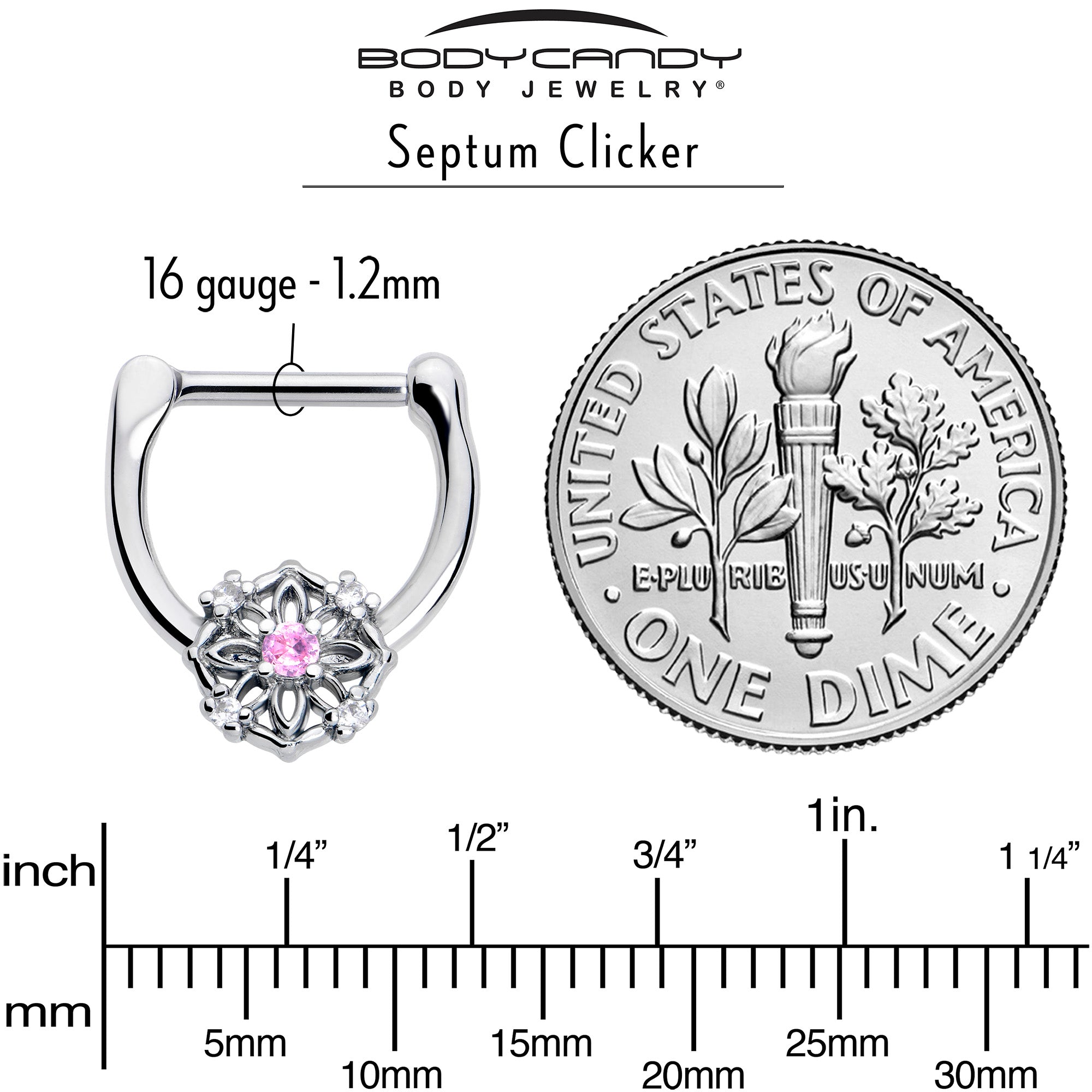 5/16 Pink Clear CZ Gem Flower Cartilage Clicker 16 Gauge