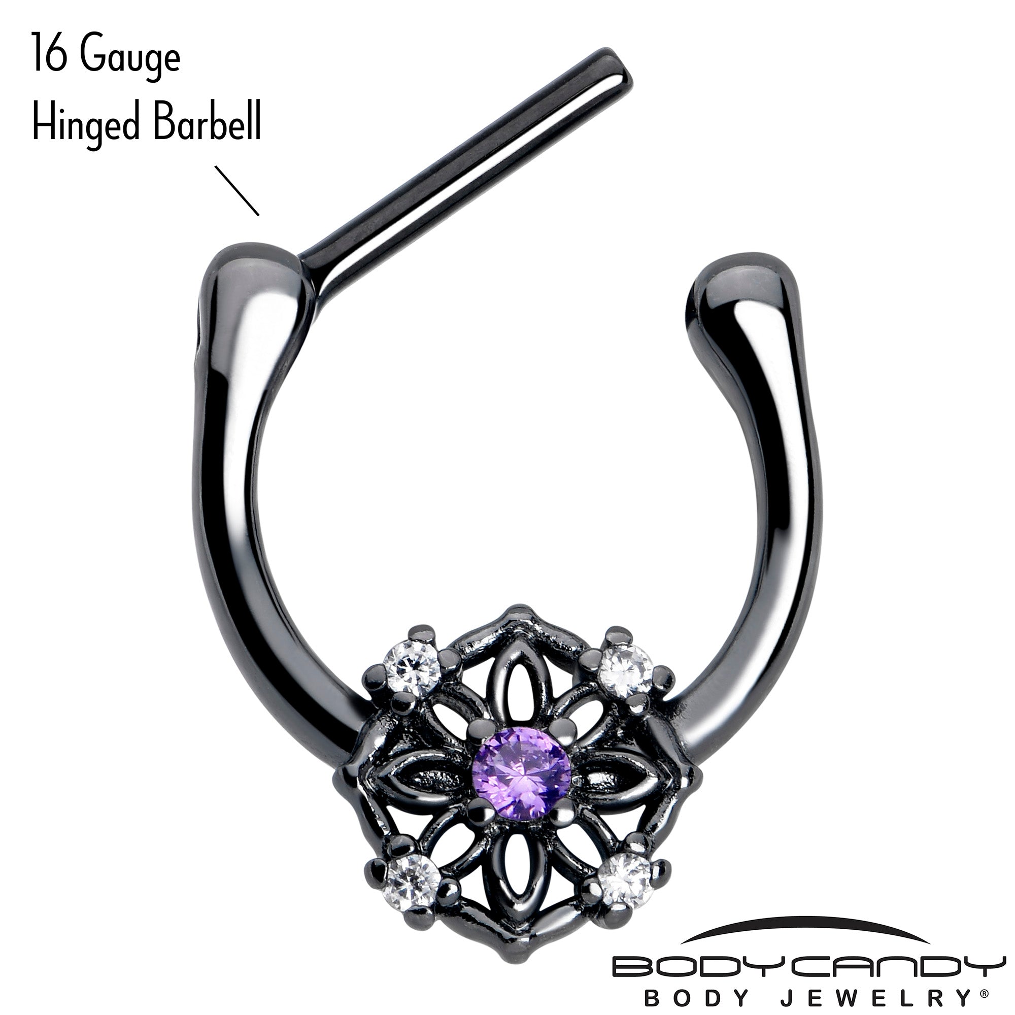 16 Gauge 5/16 Black Flower Clicker with Purple CZ Gem