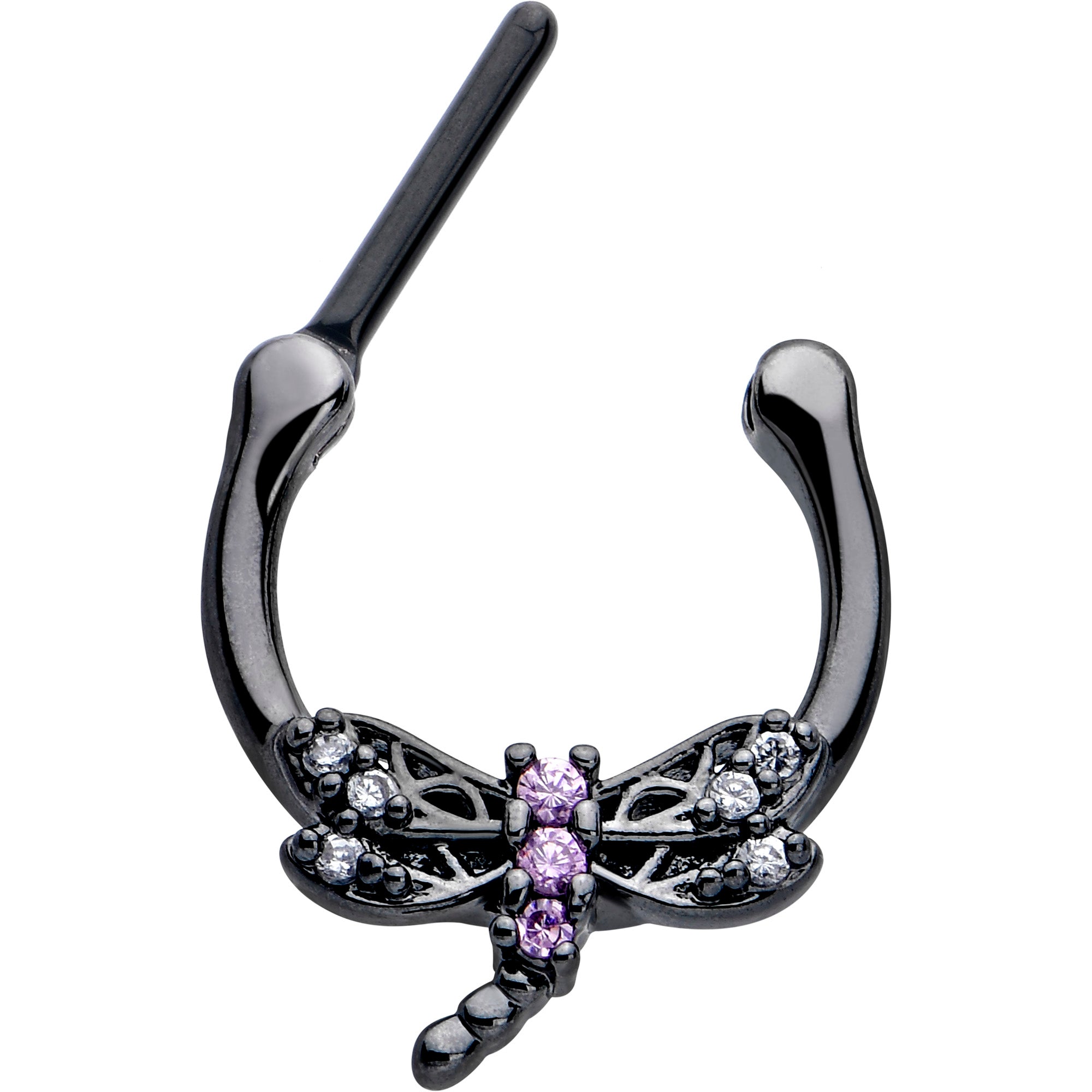 Purple CZ gem cartilage clicker in a black dragonfly motif, 5/16 inch gauge