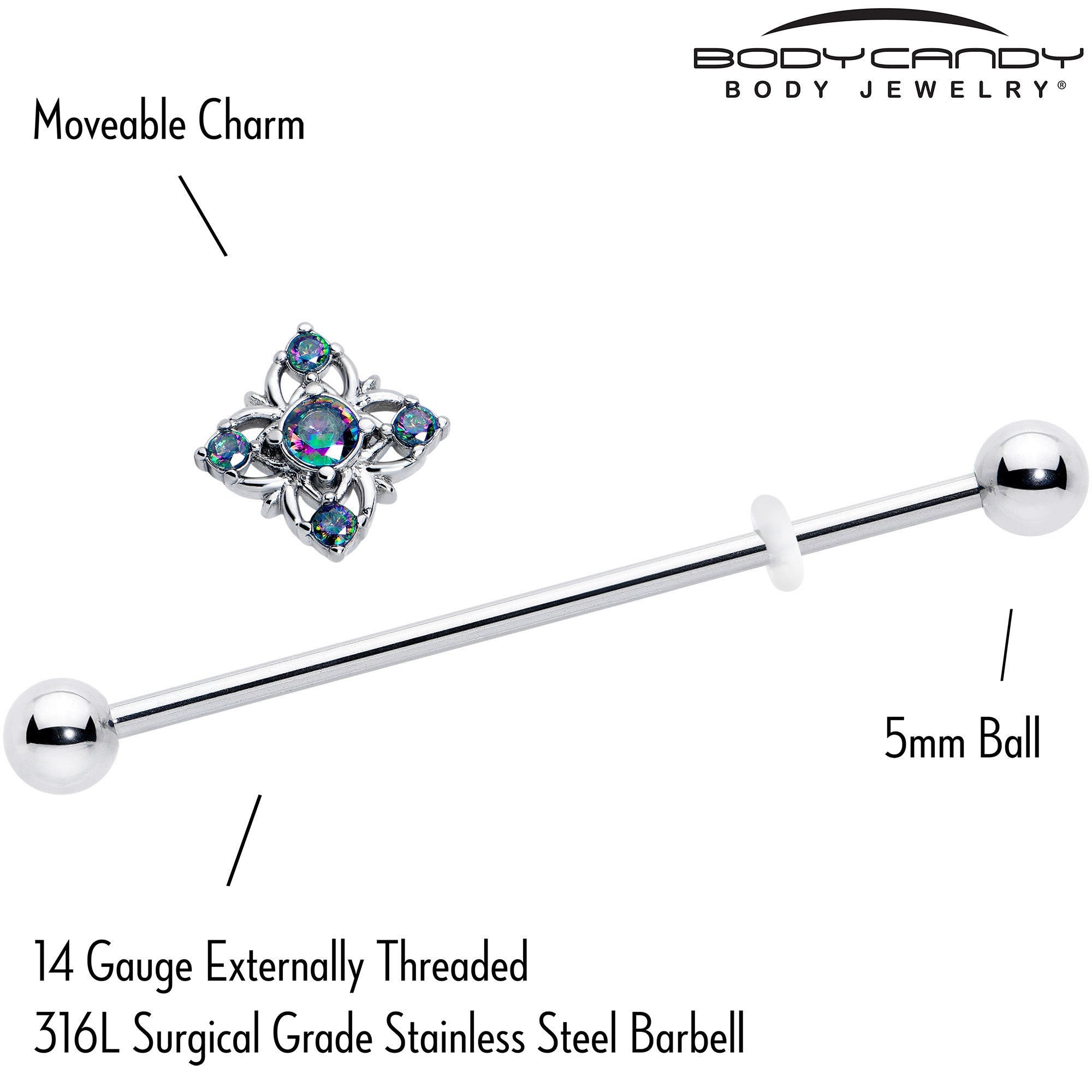 14 Gauge Industrial Barbell with Vitrail CZ Gem Cross