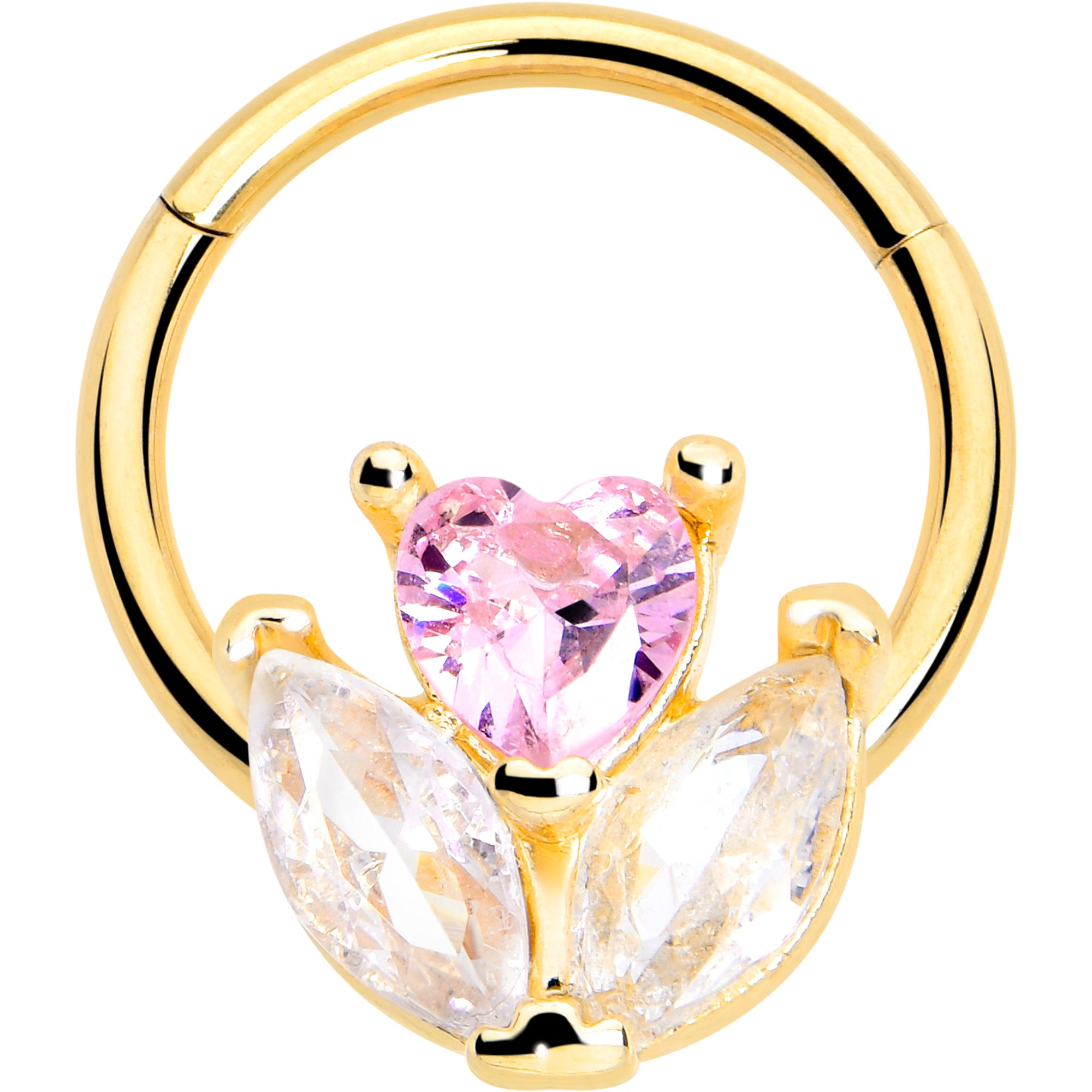 16 Gauge 3/8 Pink CZ Gem Gold Tone Hinged Segment Ring