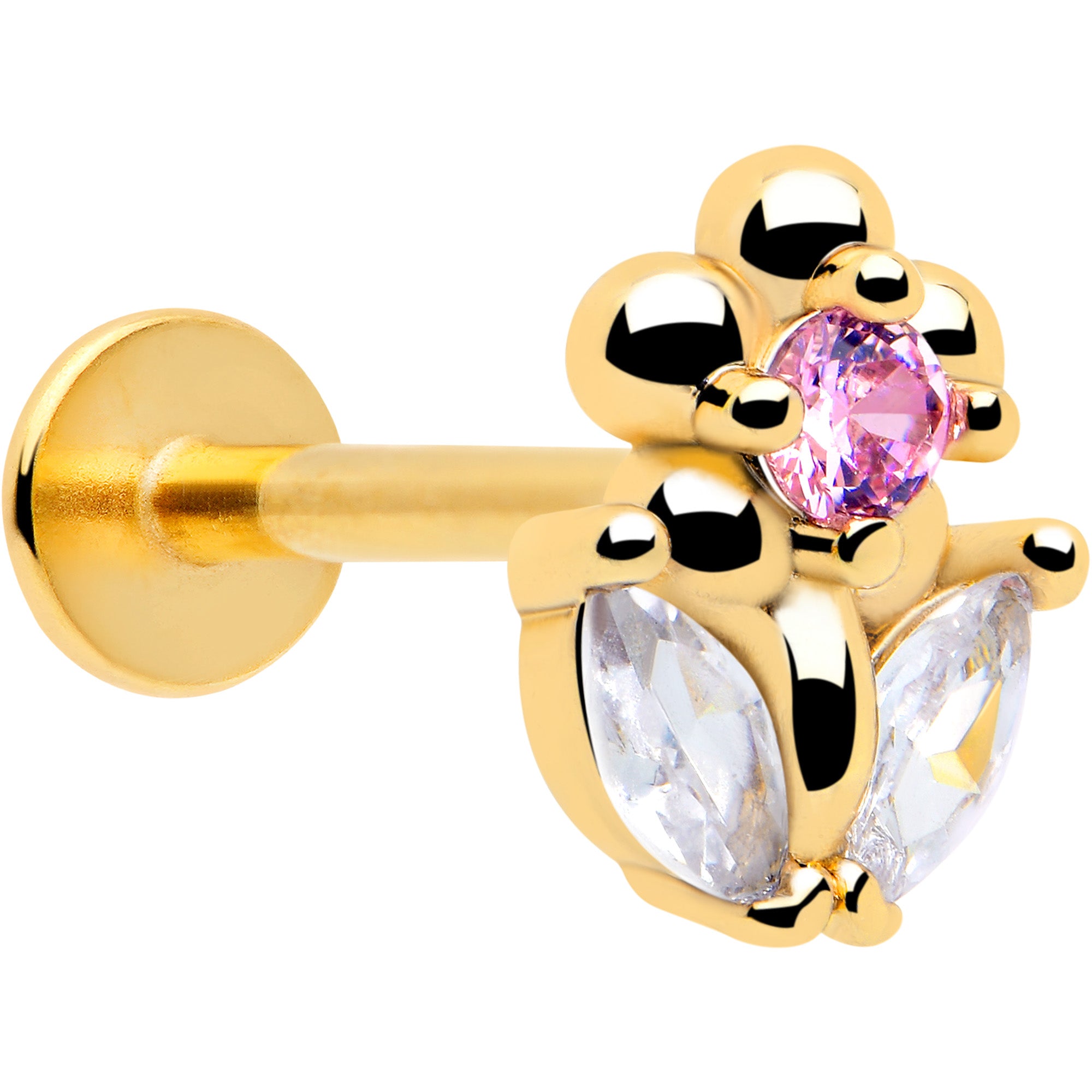 16g pink clear cz flower labret stud gold tone