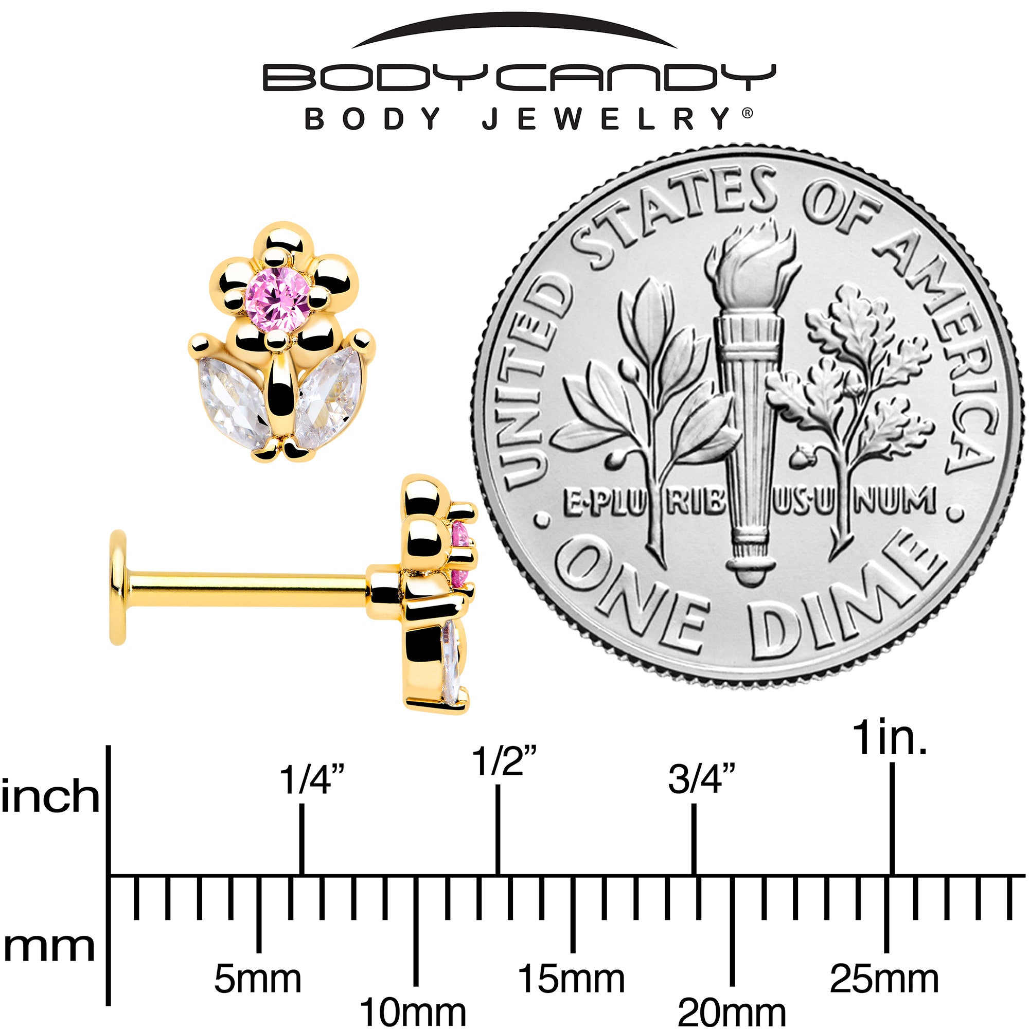 16g floral labret stud pink clear cz gemstone