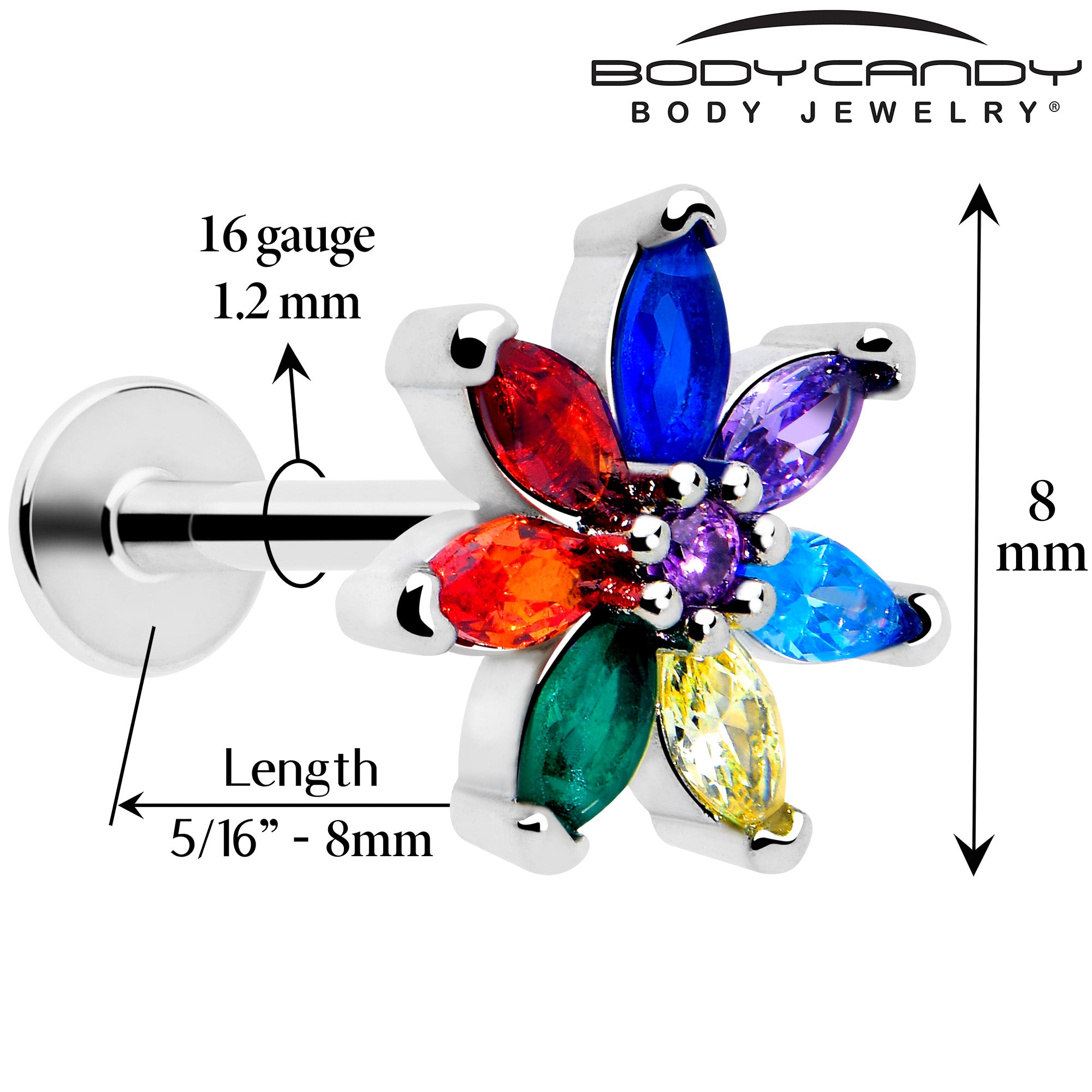16G 5/16 Red Blue CZ Gem Rainbow Flower Labret Monroe Tragus