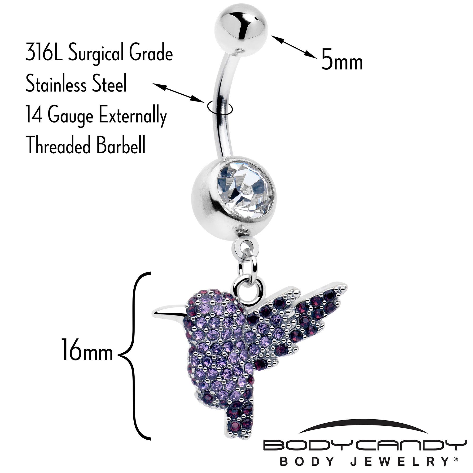 hummingbird flair dangle navel ring purple gem