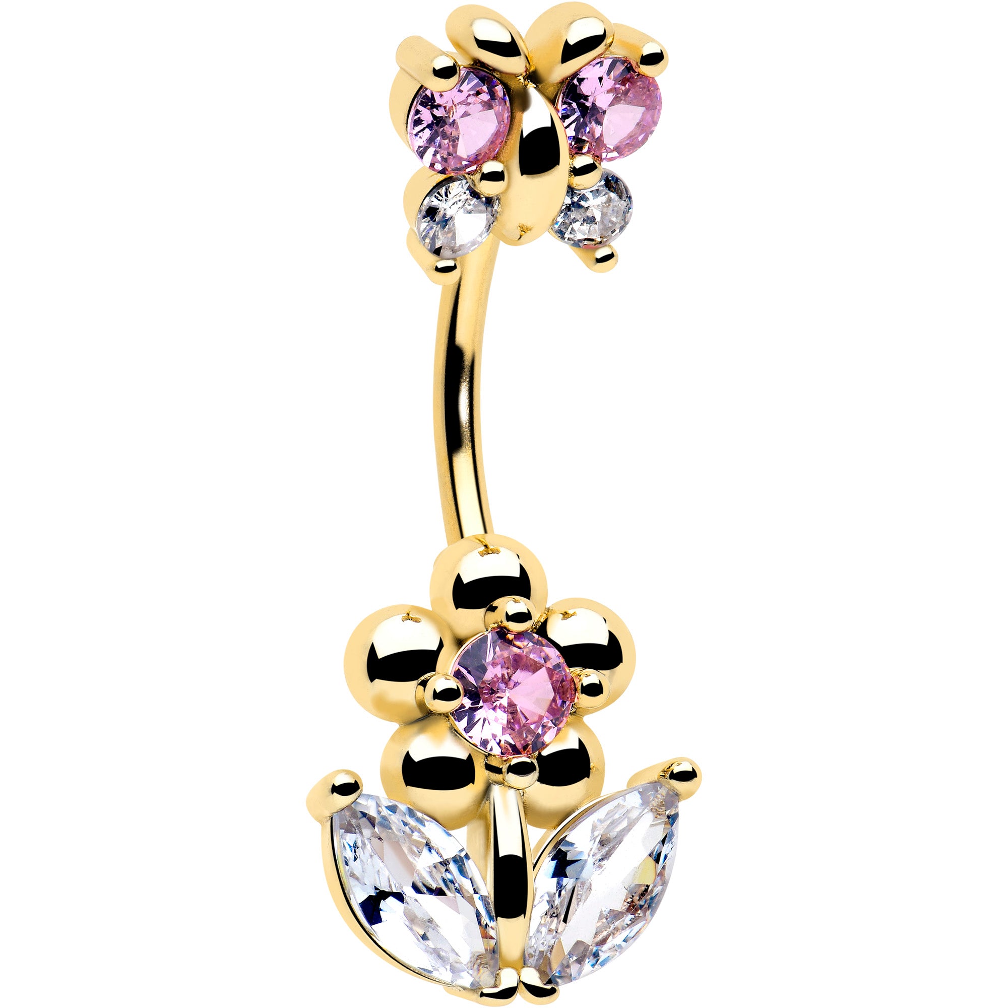 Clear pink cz gem gold tone bead flower butterfly belly ring