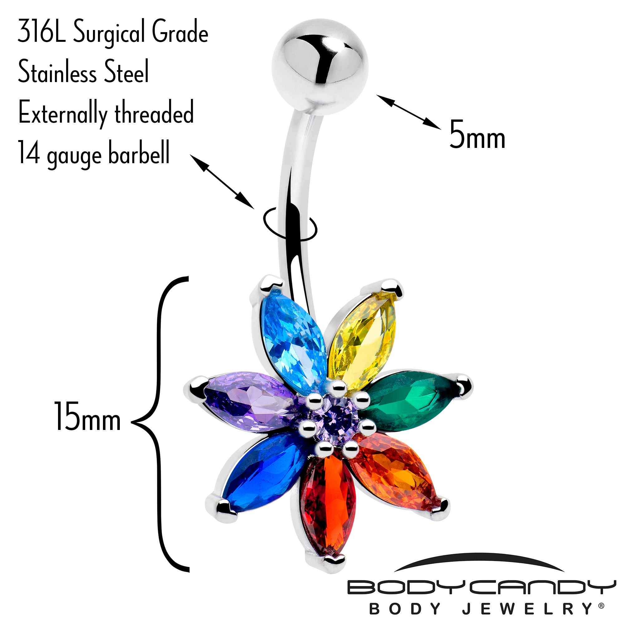 rainbow flower belly button ring with red blue cz