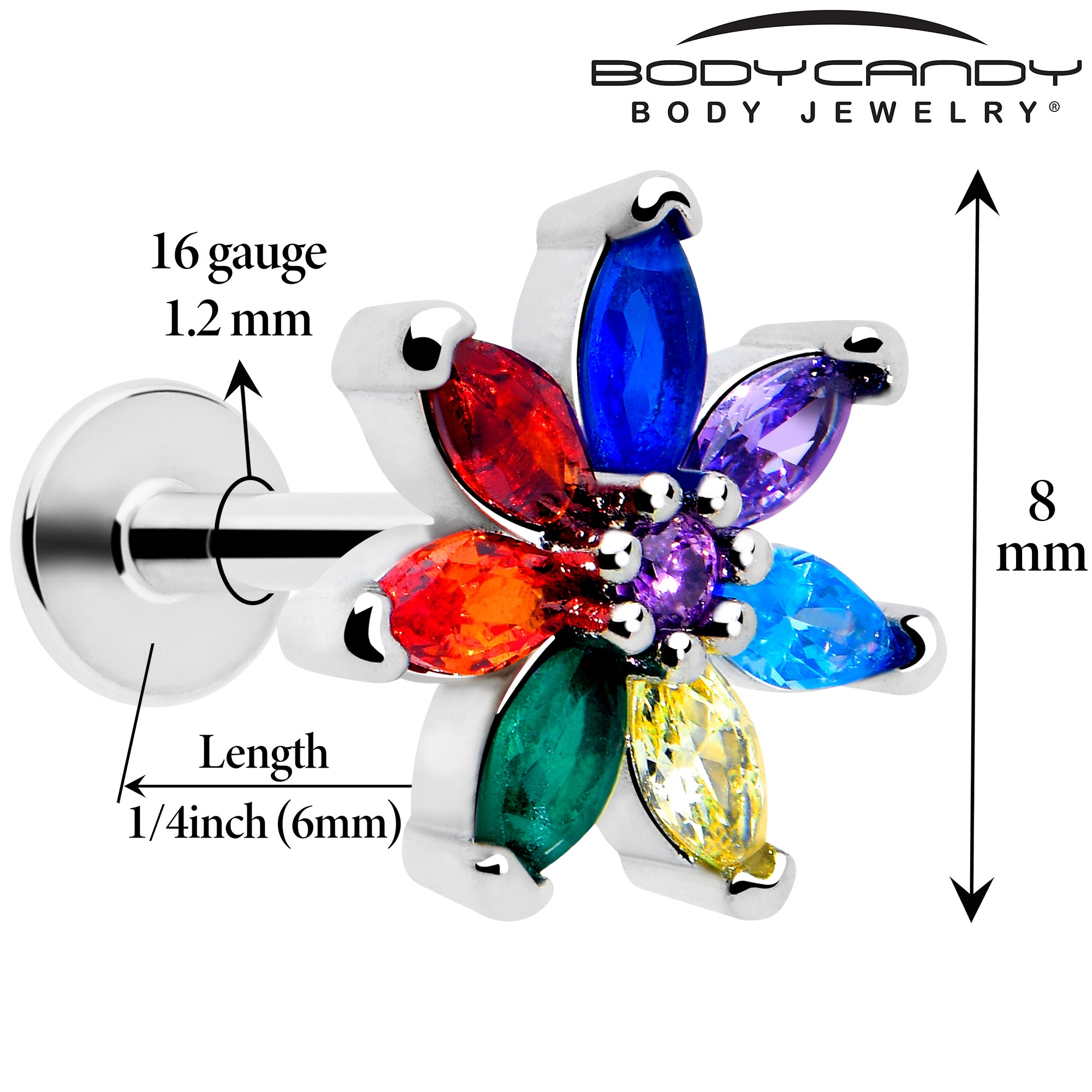 red blue cz gem flower labret stud