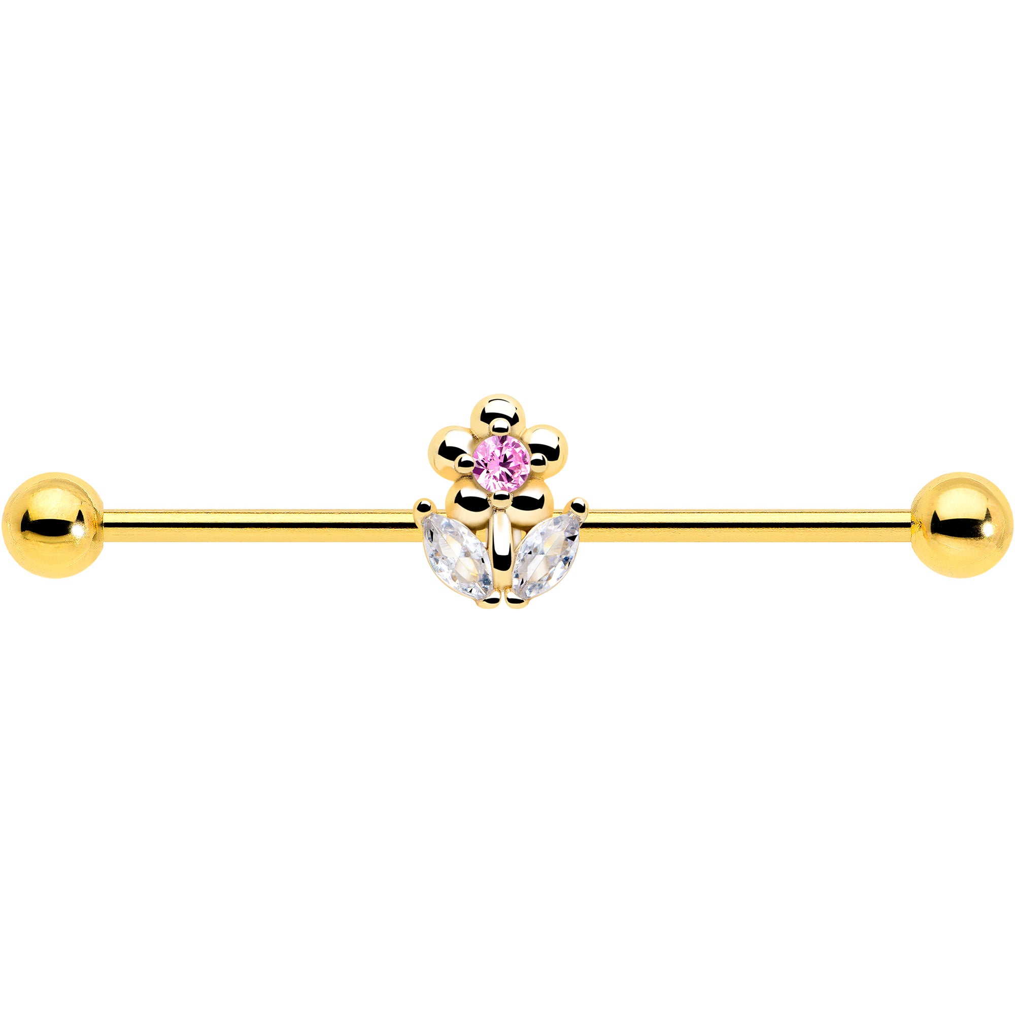 14 gauge pink cz flower industrial barbell 38mm