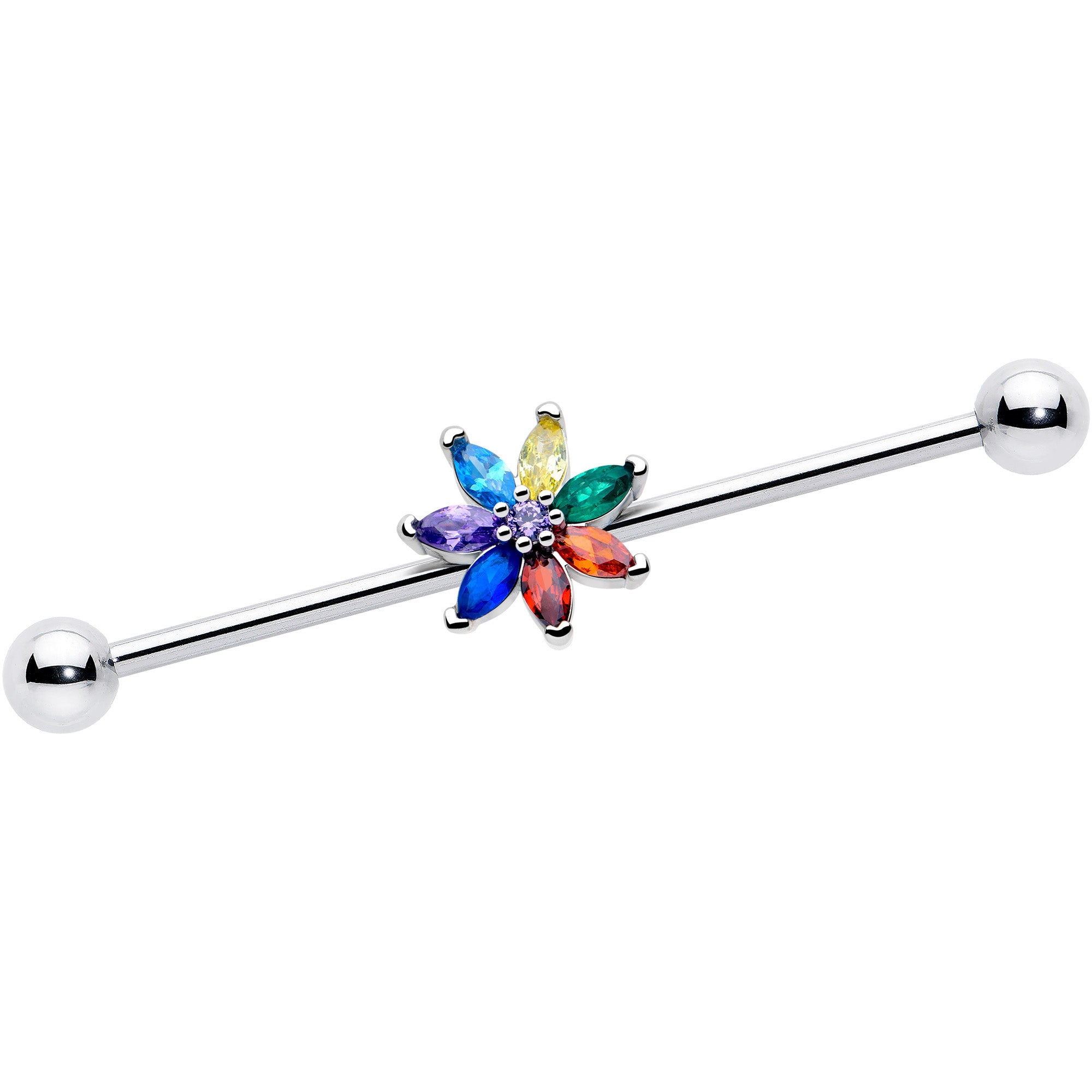14g rainbow flower industrial barbell with red blue cz gems