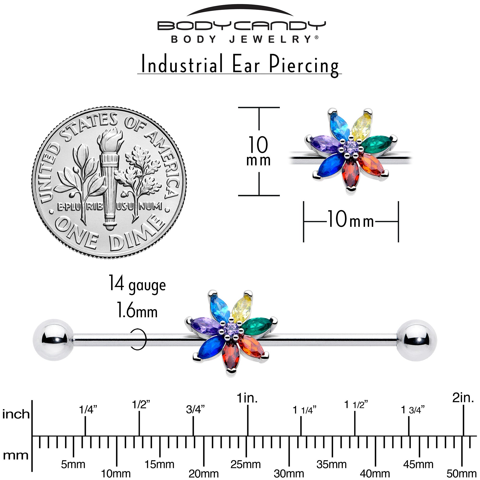 red and blue cubic zirconia flower industrial ear barbell