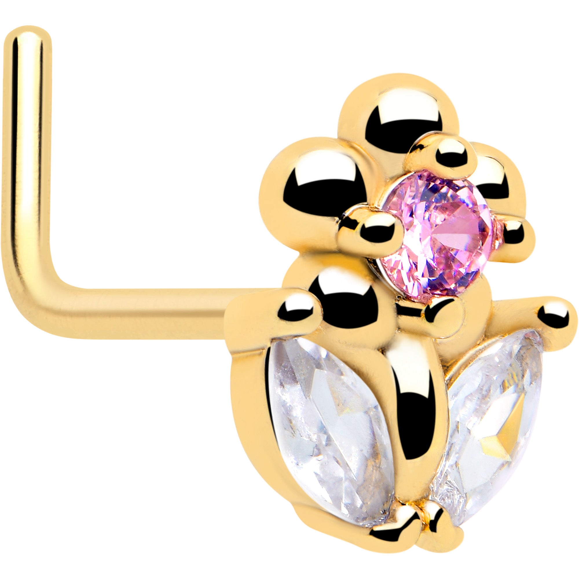 20g pink clear cz flower l shape nose ring