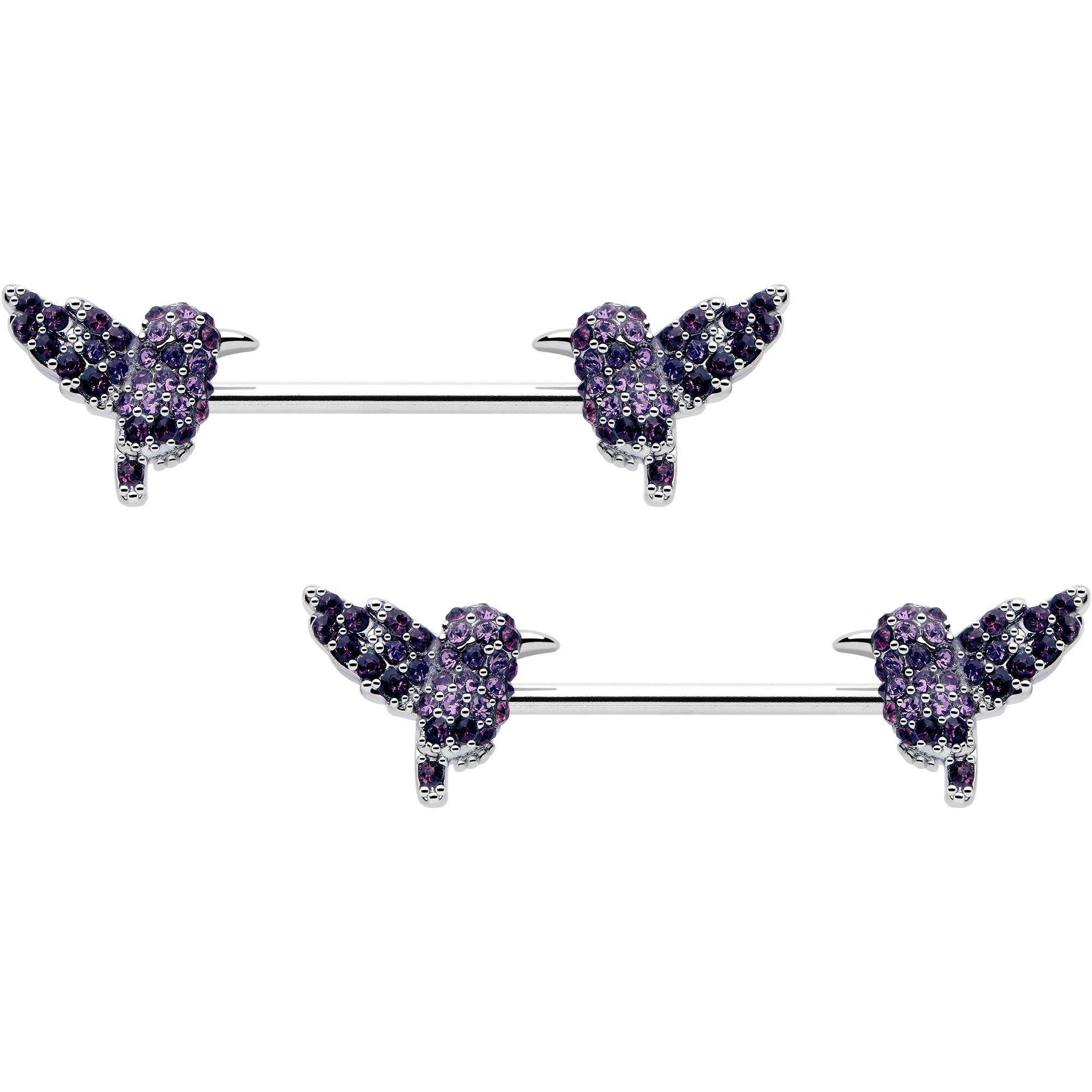 14G purple gem hummingbird nipple ring set