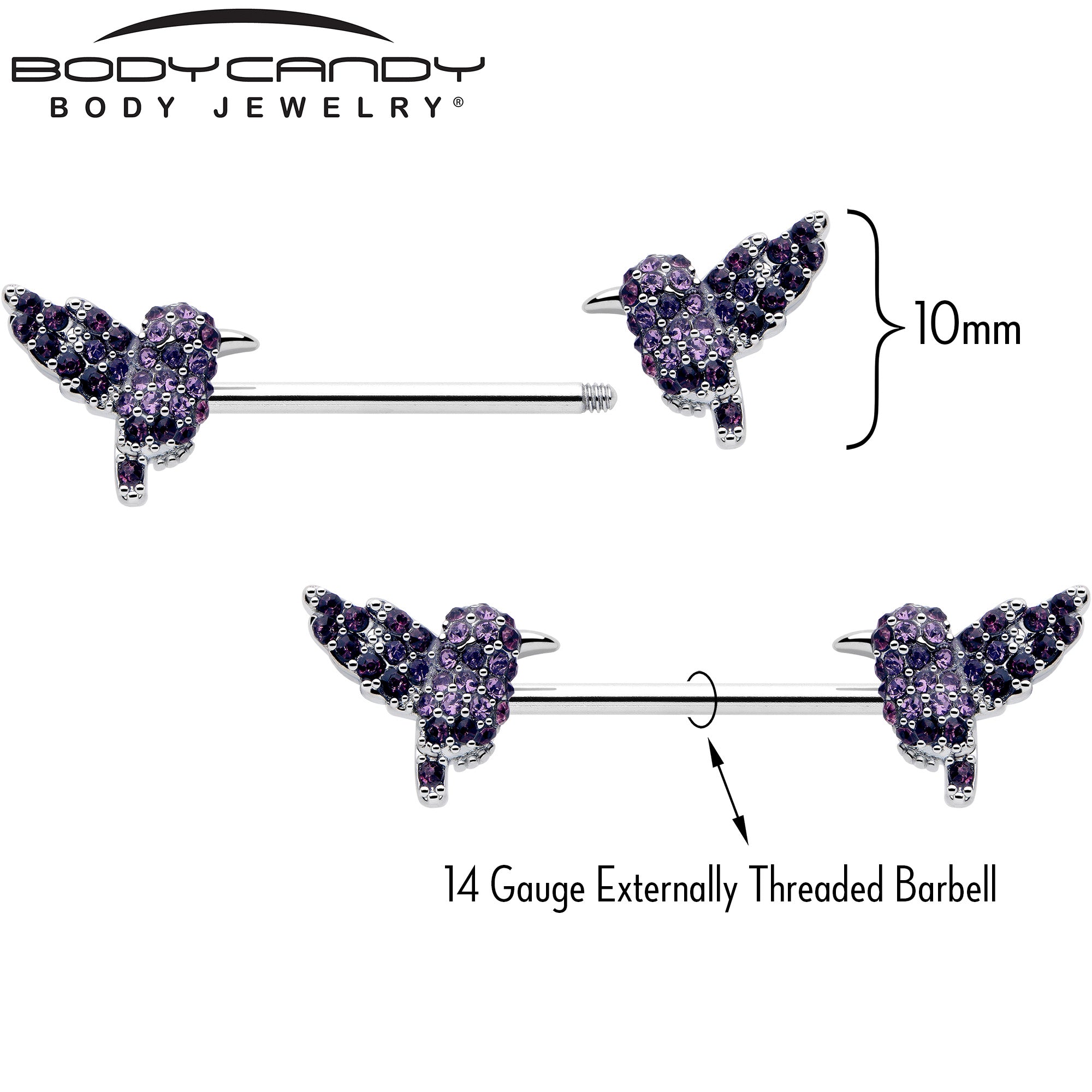 purple crystal hummingbird nipple ring pair