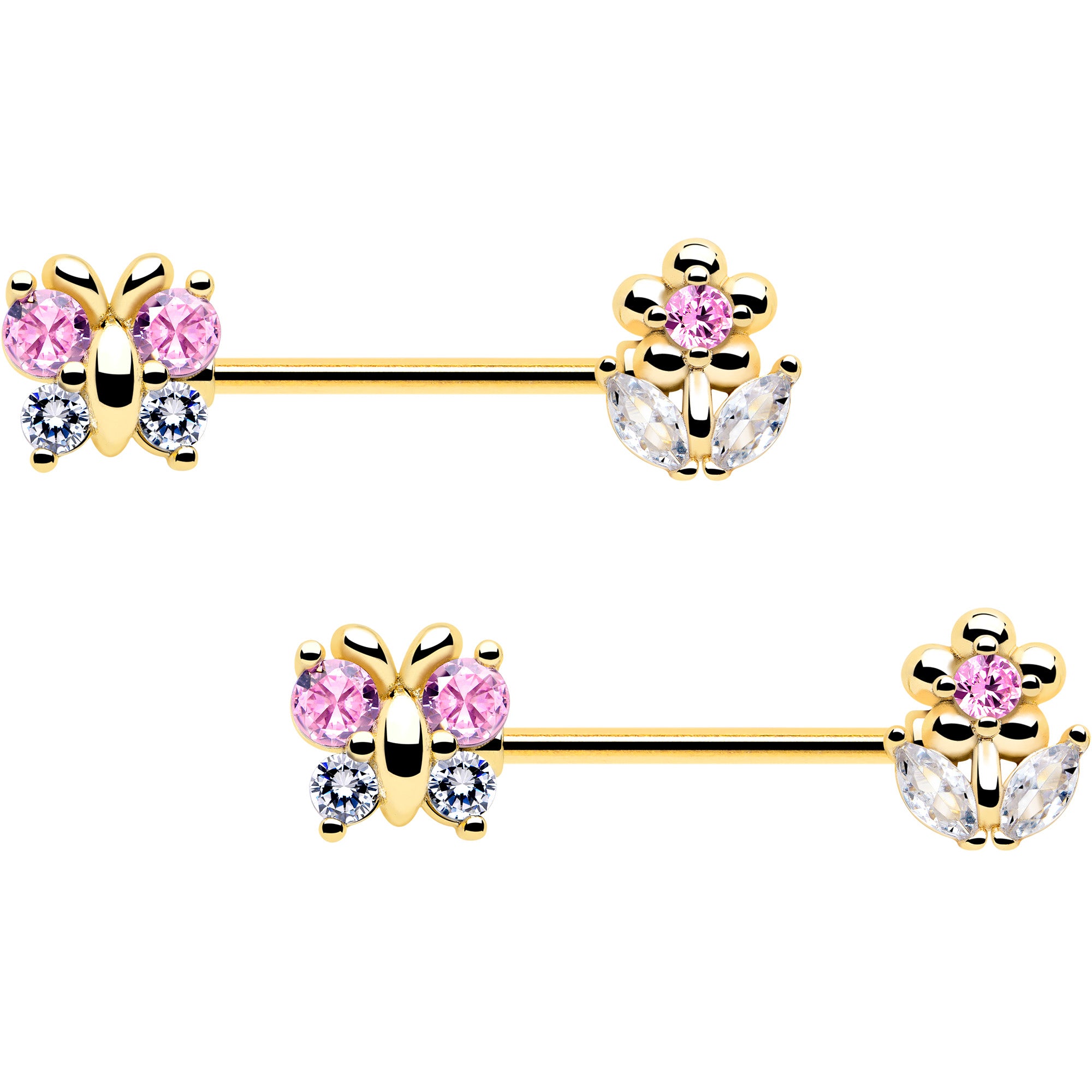 14g pink cz gem gold tone flower nipple ring set