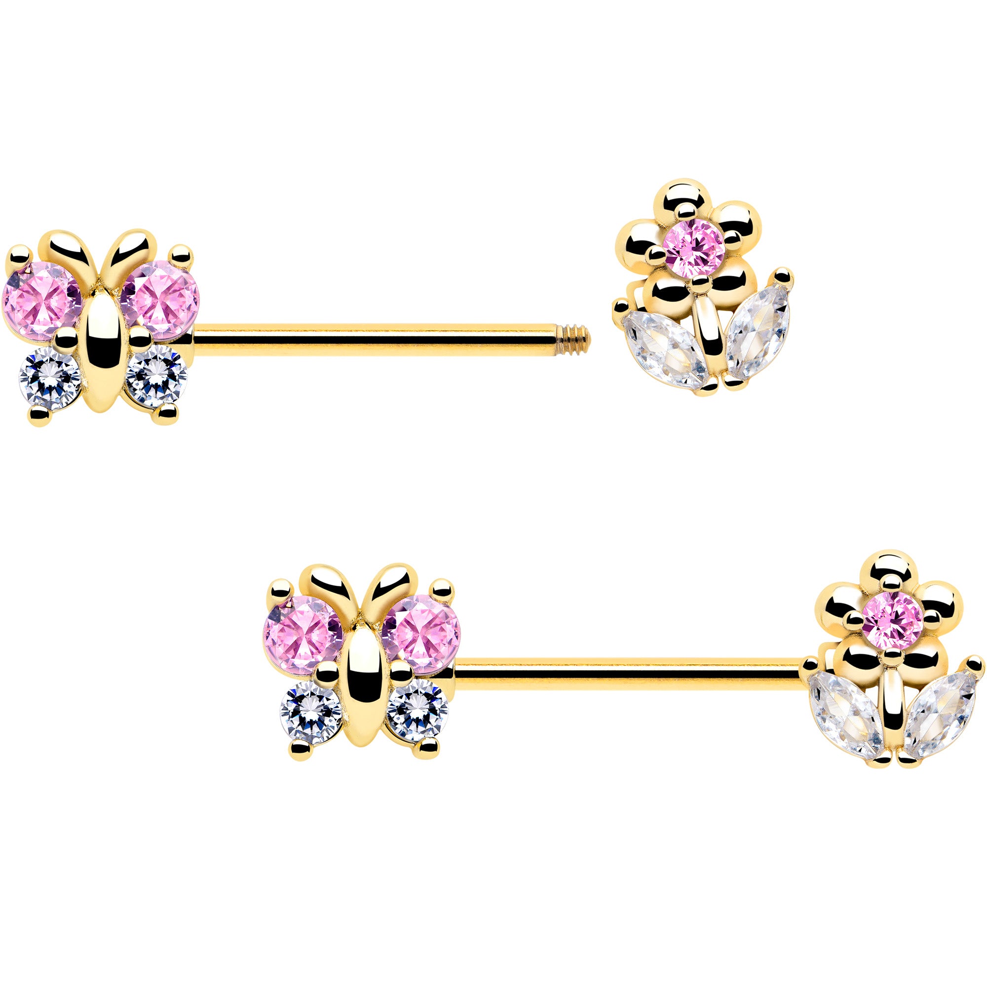 gold tone bead flower nipple rings with pink cz
